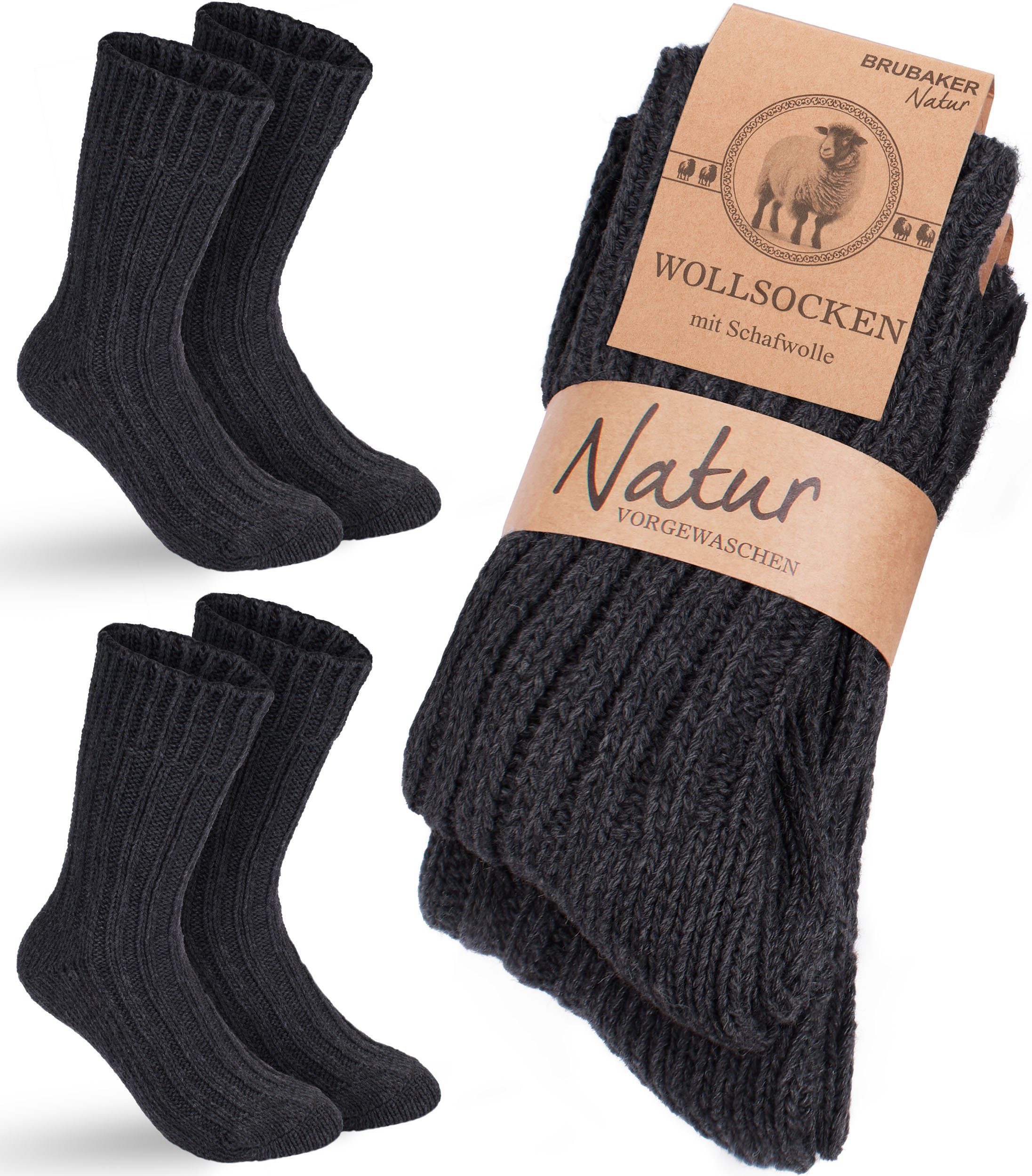 BRUBAKER Socken Wollsocken - Wintersocken für Damen und Herren - Warm und Flauschig (2-Paar) Stricksocken Set mit Schafwolle - Winter Thermosocken Anthrazit | Wandersocken