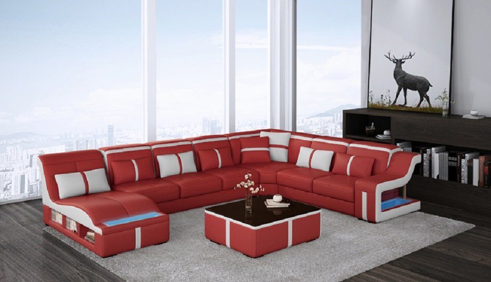 JVmoebel Ecksofa Design Ecksofa U-form Beleuchtet Couch Leder Sofa Neu Wohnlandschaft, Made in Europe Rot