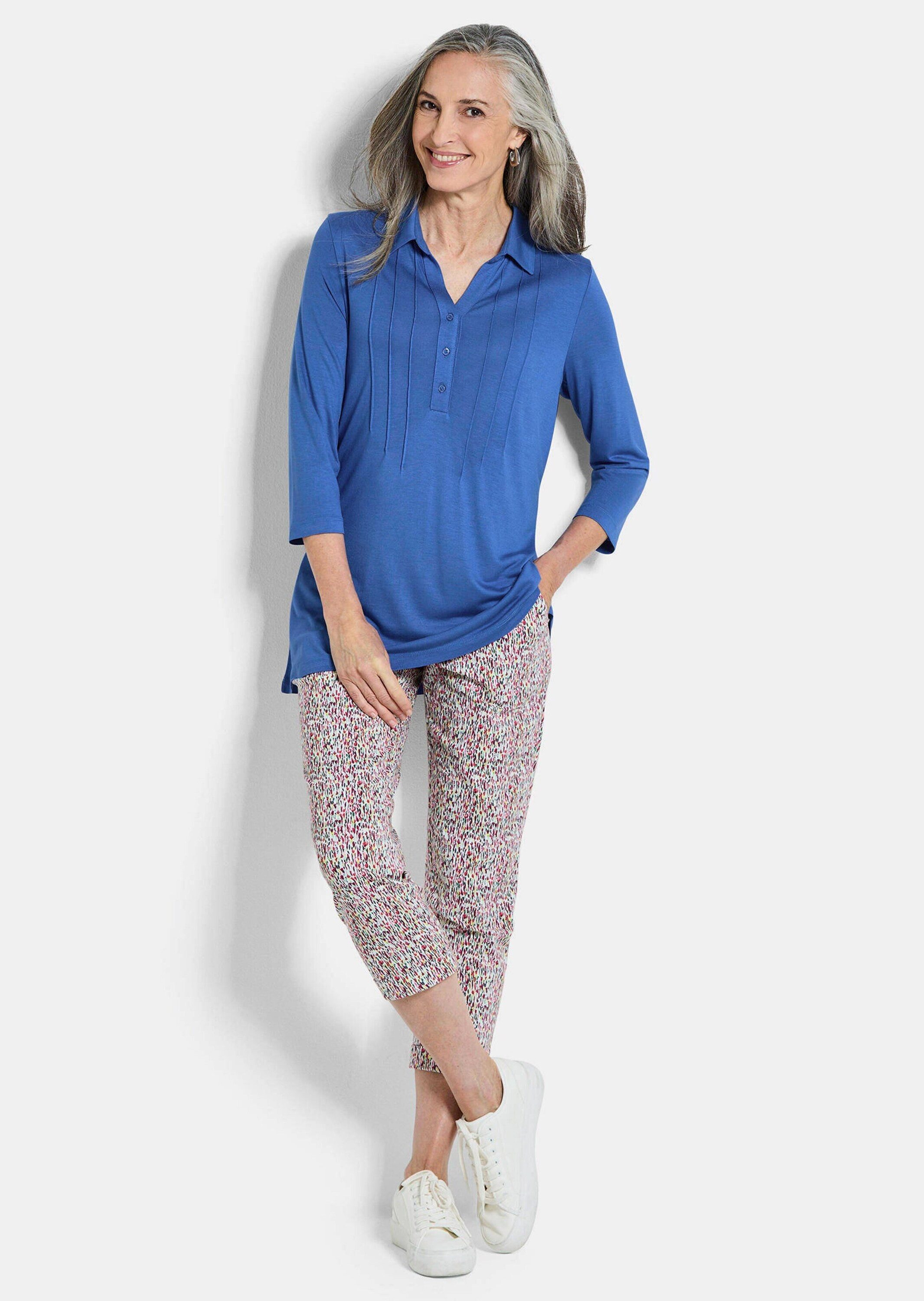 GOLDNER Tunika Elegantes Blusenshirt mit Biesen Jerseybluse mit offenem Hemdkragen, Knopfleiste und 3/4-Ärmeln