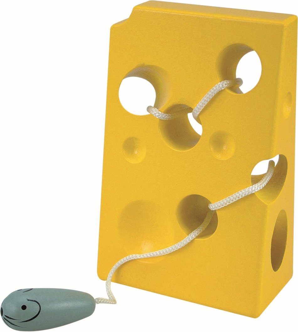 Woodyland Lernspielzeug 90470 Holz-Fädelspiel Käse mit Maus an der Schnur, Motorikspiel, Motorikspielzeug