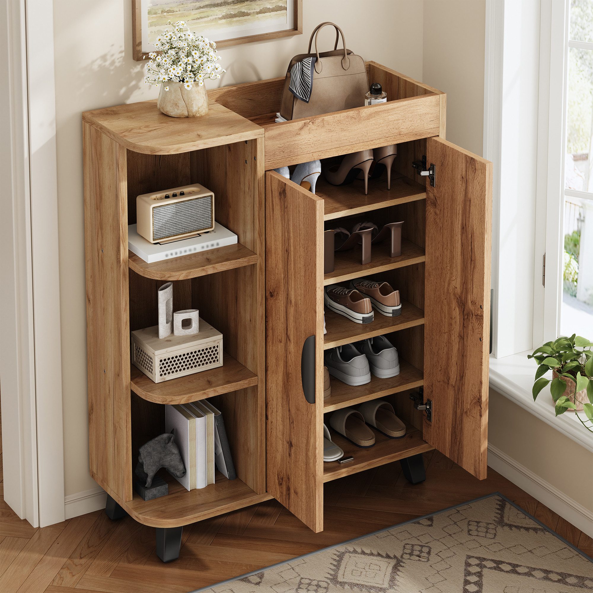 Merax Schuhschrank Schmal Schuhregal Holzoptik Mehrzweckschrank (80 x 32 x 99 cm (L x B x H), 1-St) Schuhschrank mit 2 Türen, offenen Regalen & Stauraum – Bild 2 von 5