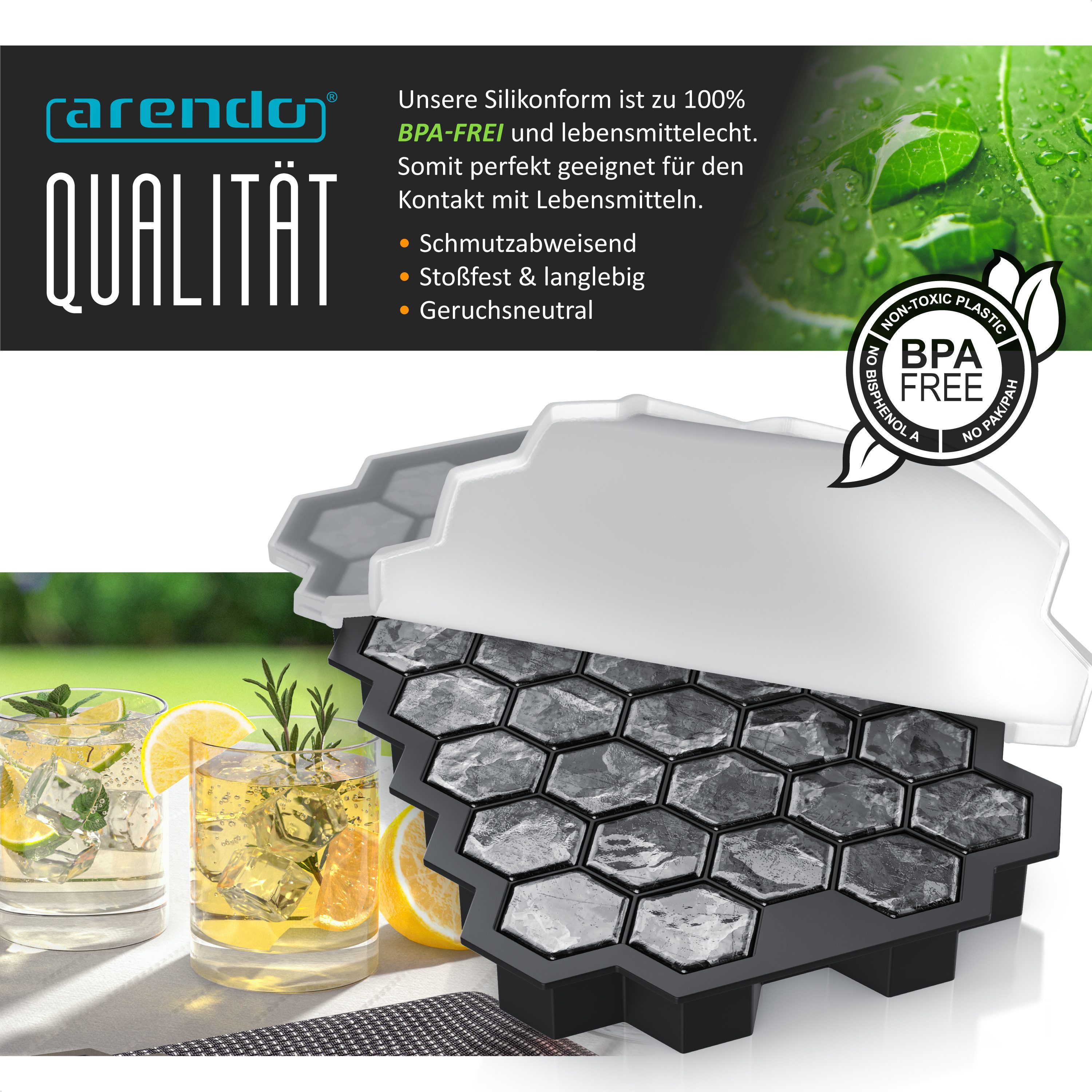 Arendo Eiswürfelform 37x Sechseck Eiswürfel mit Deckel, temperaturbeständig, bis -40°C, (1-tlg), Silikon zum leichten Herauslösen, spülmaschinengeeignet