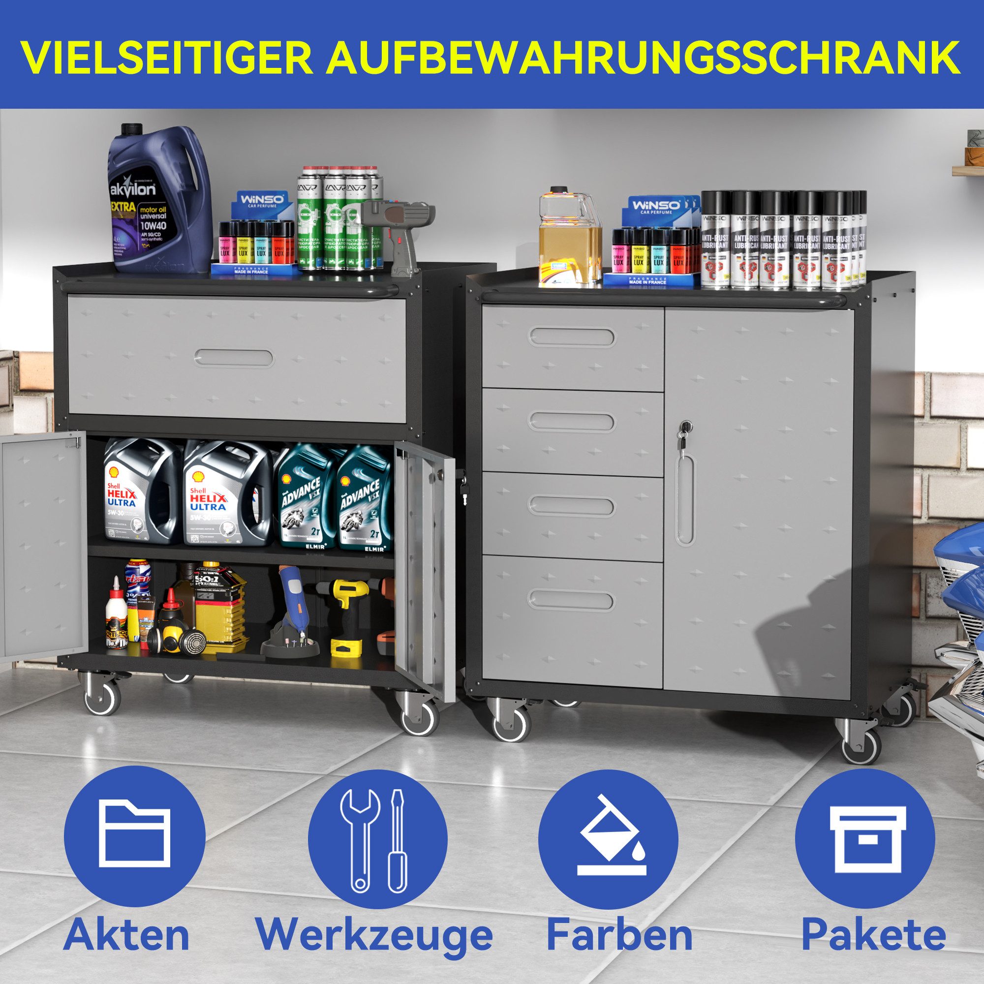 bizoemade Werkzeugschrank Stabiler Metall-Werkzeugschrank mit Rollen, 4 Schubladen und 1 Tür (1-St) 88x75x42cm – für Garage/Büro/Haushalt
