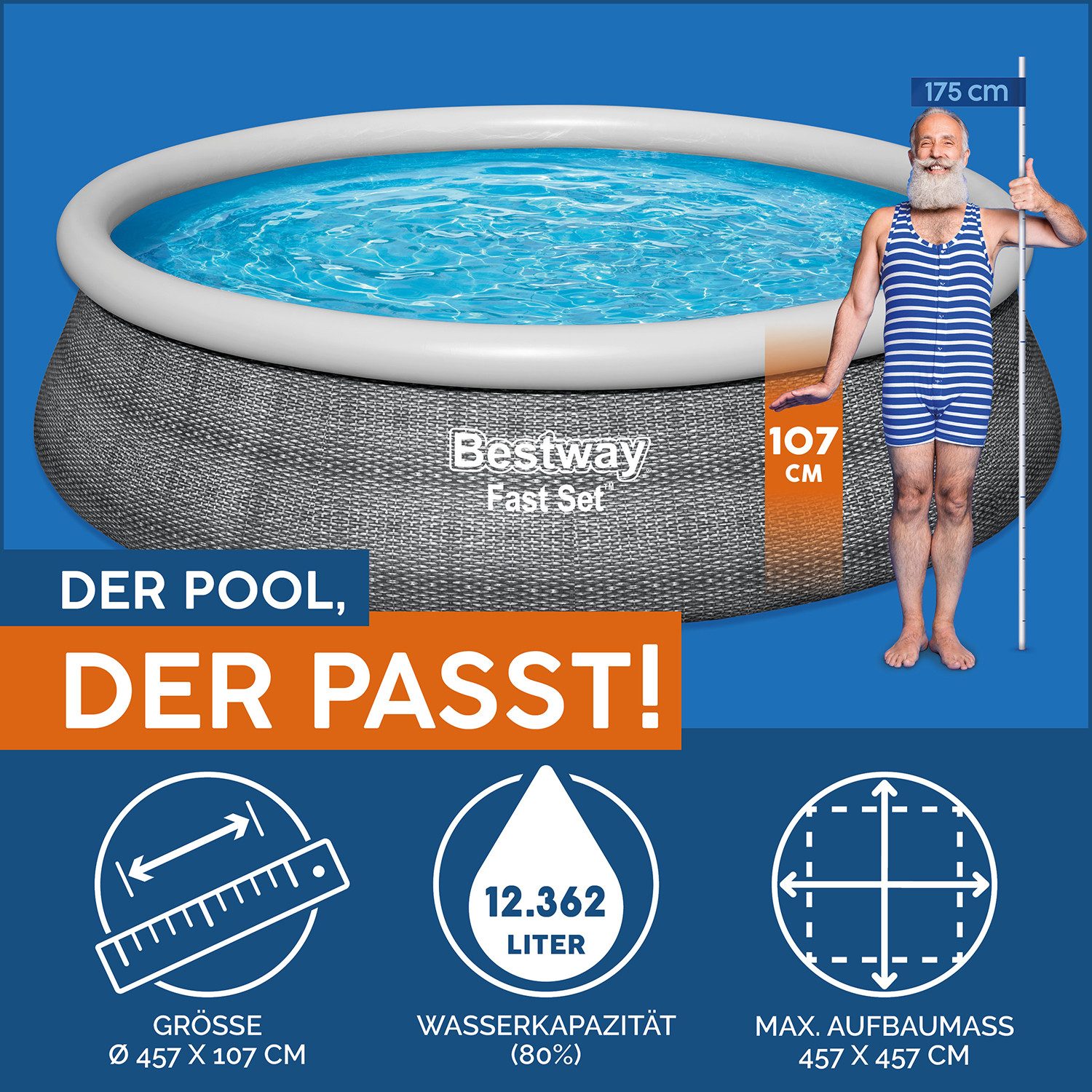 Bestway Quick-Up Pool Fast Set™ (Set, Inkl. Filterpumpe, Sicherheitsleiter), Ø 457 x 107 cm