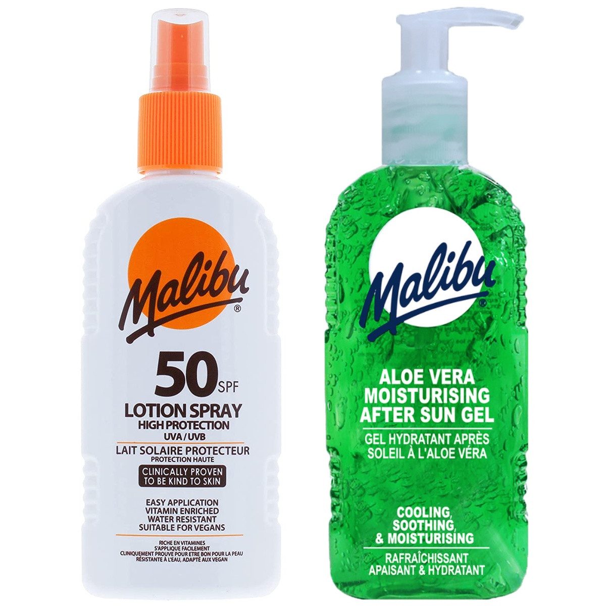 Malibu Sonnenschutzspray Malibu Sonnenspray LSF 50 200 ml + Aloe-After-Sun-Gel 200 ml, Sonnenschutzset, 2-tlg., Wasserfester UV-Schutz und feuchtigkeitsspendendes Aloe-Gel