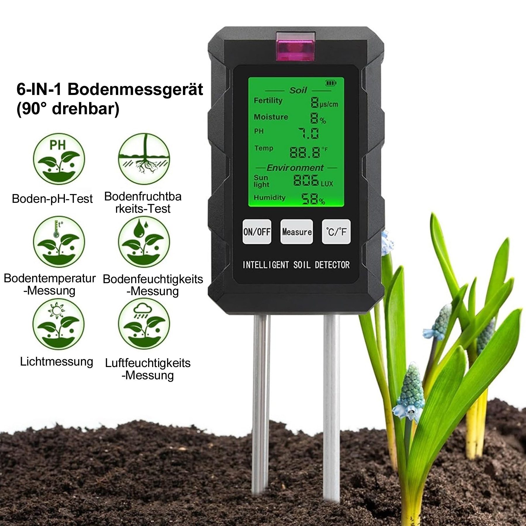 Senmudi Feuchtigkeitsmesser Bodenmessgerät 6-in-1 Bodentester Digital Bodentest Messgerät, (für pH Wert,Bodenfeuchtigkeit,Licht,Temperatur & Nährstoff,Soil Tester, für Gartenarbeit, Rasen, Landwirtschaft und Outdoor-Pflanzen), für Hobbygärtner,Balkon,errassengärtner,Gewächshausnutzer Landwirte