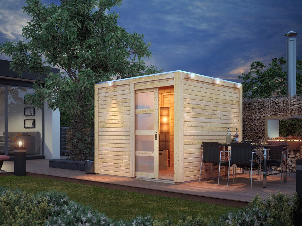 Karibu Gartenhaus Gartenhaus Qubic-Cubino 19 mm naturbelassen, BxT: 246x246 cm, 19 mm Wandstärke, Schiebetür mit Kunstglas-Einsätzen