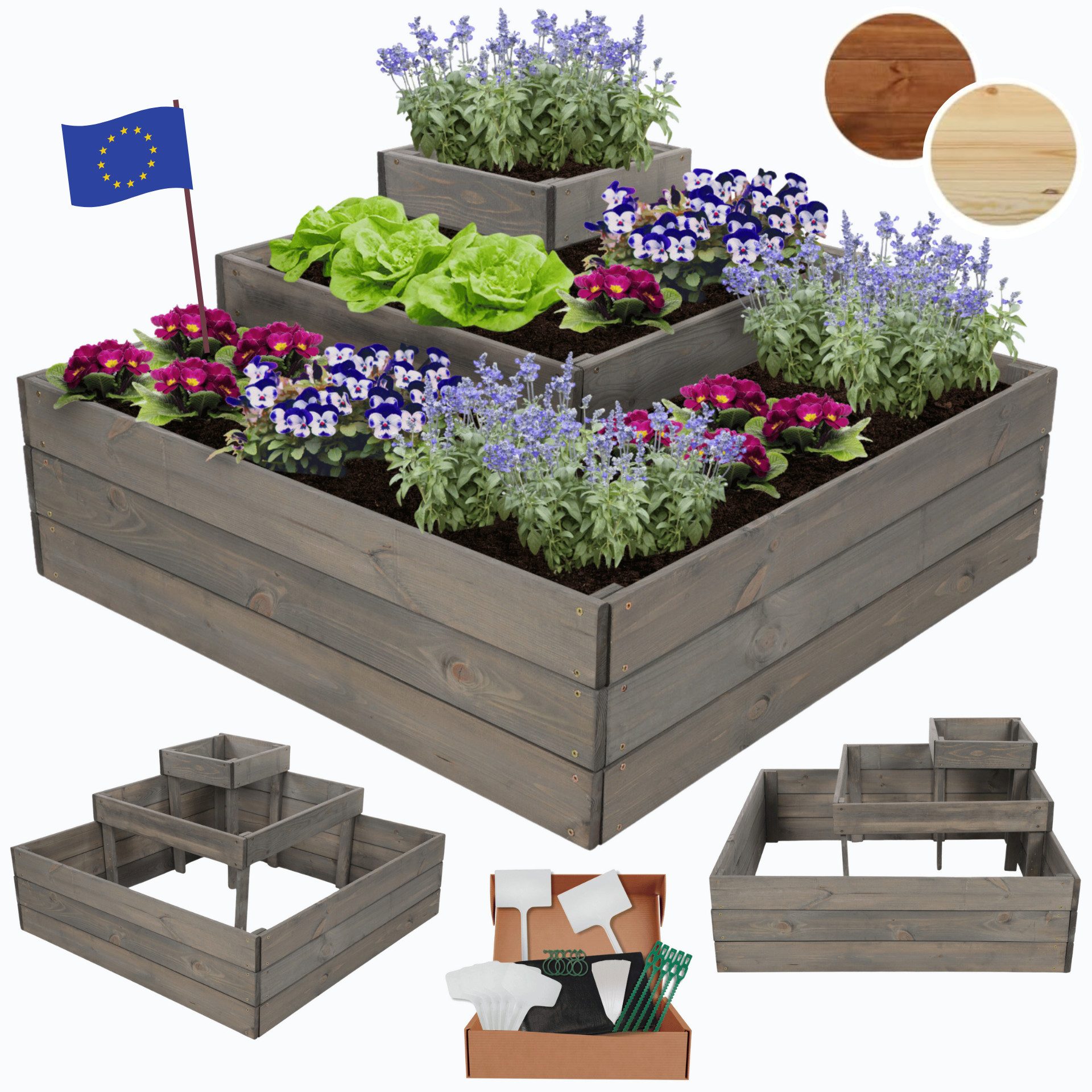 Modo24 Hochbeet Kräuterbeet, Gartenbeet, Pflanzbeet Holz Stufen Treppe Garten, Gartenbeet Holz viele Größen u. Farben; Höhe 45 cm bis Breite 119 cm