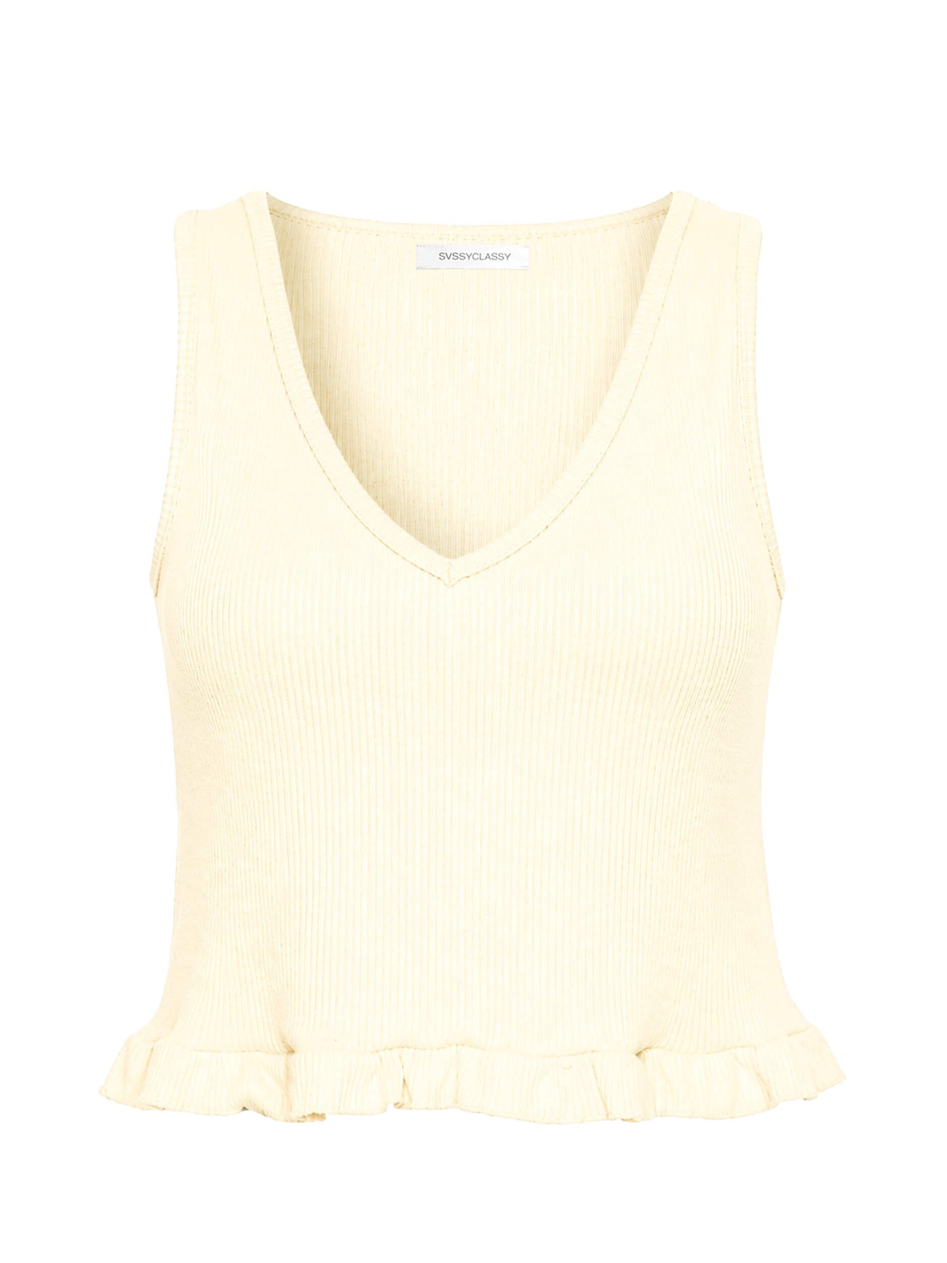 SASSYCLASSY T-Shirt Rüsschentop Damen mit V-Ausschnitt Ärmelloses Top Rüschenabschluss am Saum weiß schwarz rosa buttergelb – Bild 2 von 5