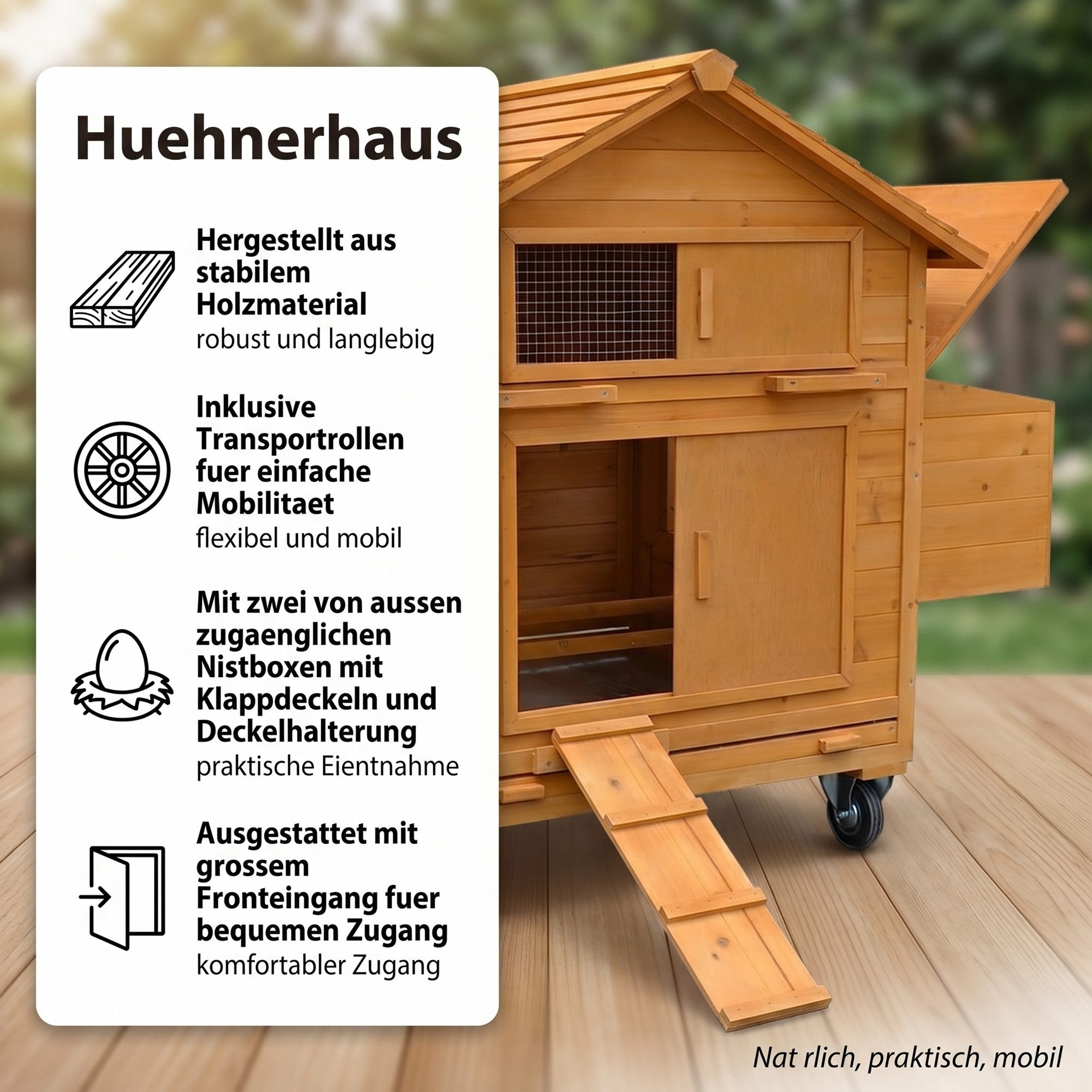 Mucola Hühnerstall Rollbarer Hühnerstall inkl. 2 Nestboxen Rampe Hühnerhaus, Schützt vor Bodennässe und Kälte