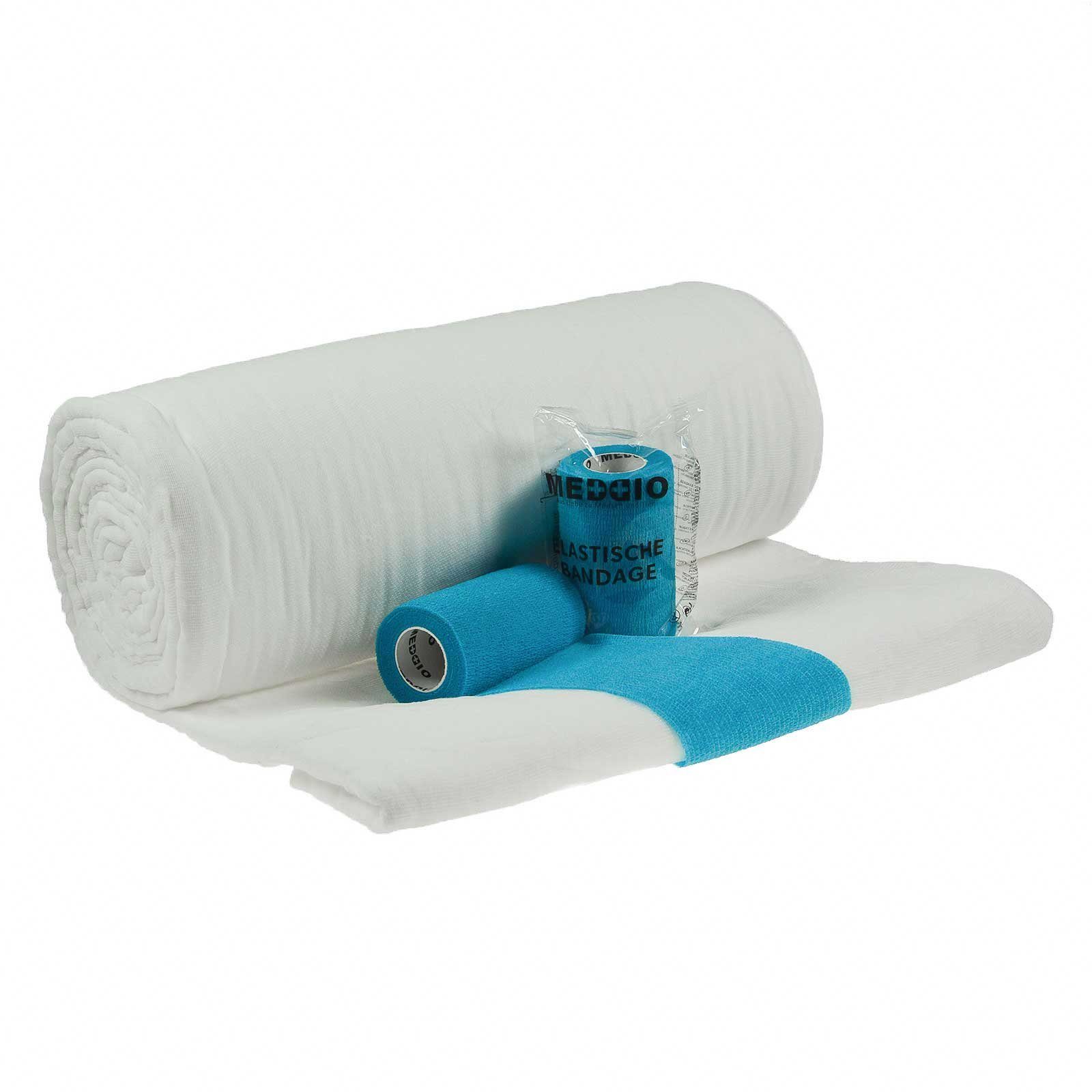 meDDio Pferdebandage Sparpaket Mullwatterolle 40cm + 12 Haftbandagen 10cm hellblau
