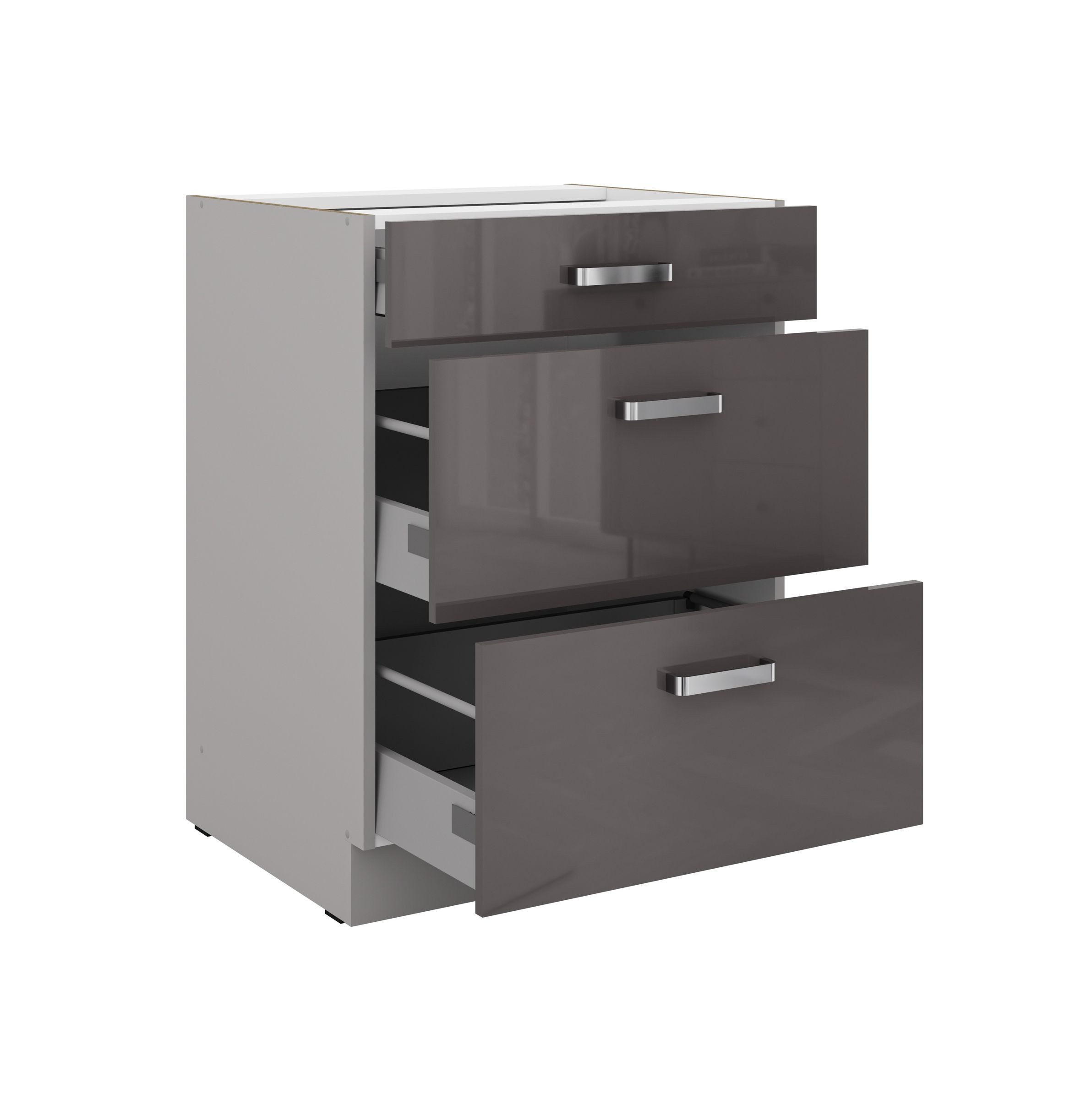 Küchen-Preisbombe Auszugsunterschrank 60 cm Küche Bianca Grey Grau Hochglanz Unterschrank mit Schubladen