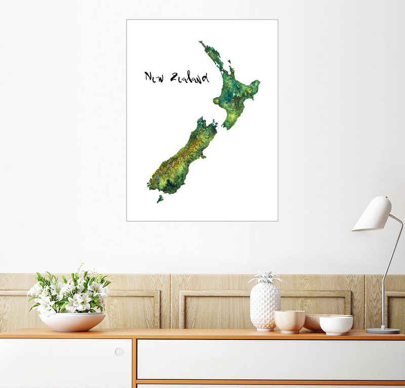 Posterlounge Wandbild, Karte von Neuseeland in Aquarell