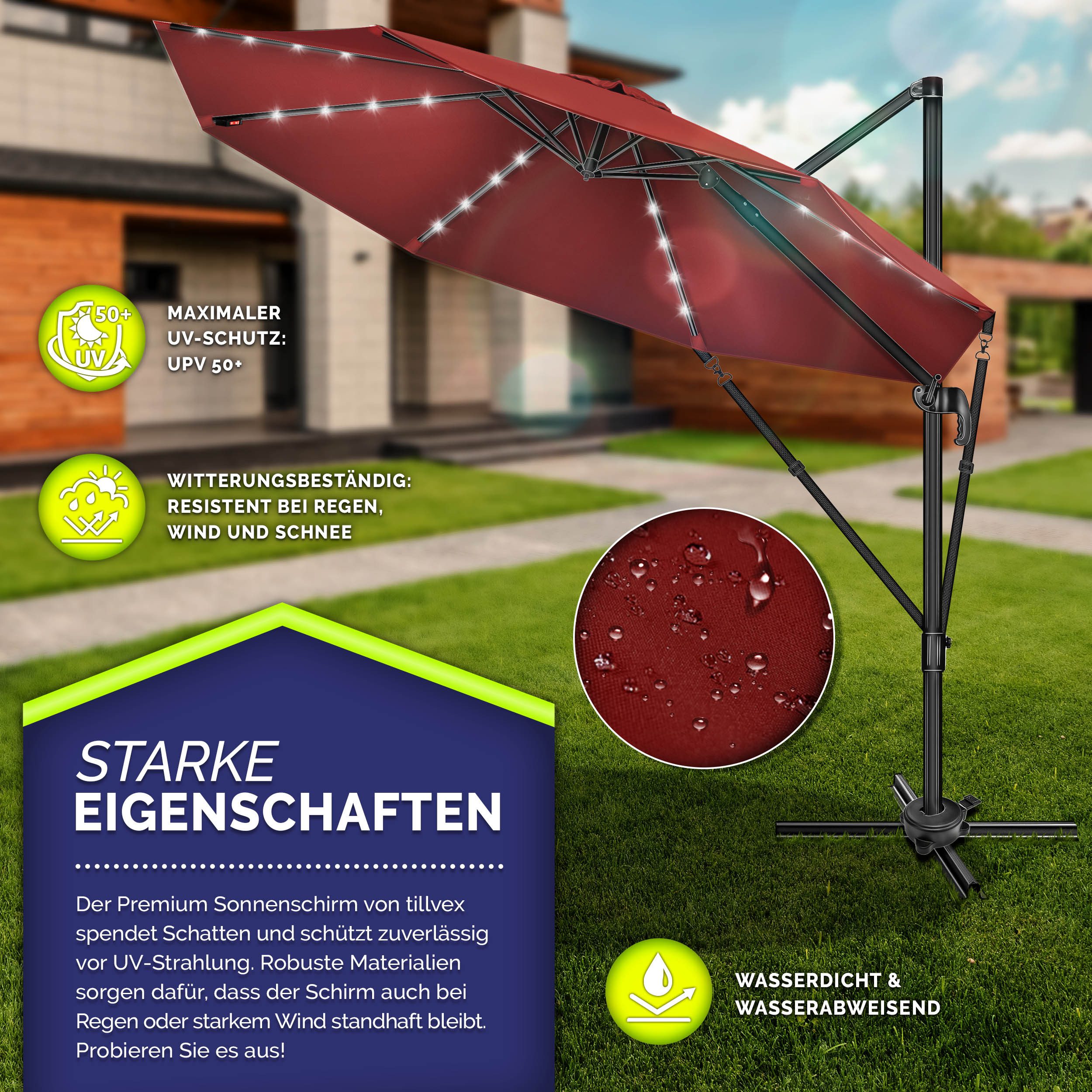 tillvex Sonnenschirm tillvex® LED Premium Alu Sonnenschirm 330 cm + Abdeckung & Windsicheru, Premium-Series, inkl. Regenabdeckung, Ampelschirm 6-fach Verstellbar mit Kurbel