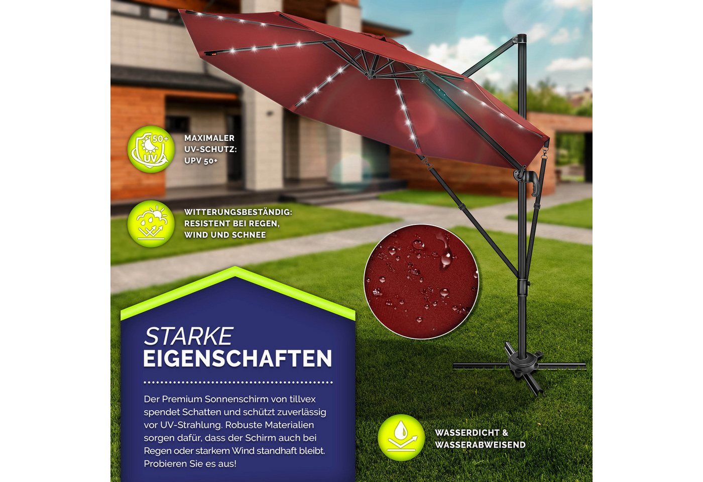 Thumbnail - tillvex Sonnenschirm tillvex® Premium Alu Sonnenschirm 330 cm + Abdeckung & Windsicherung, Premium-Series, Ampelschirm 6...