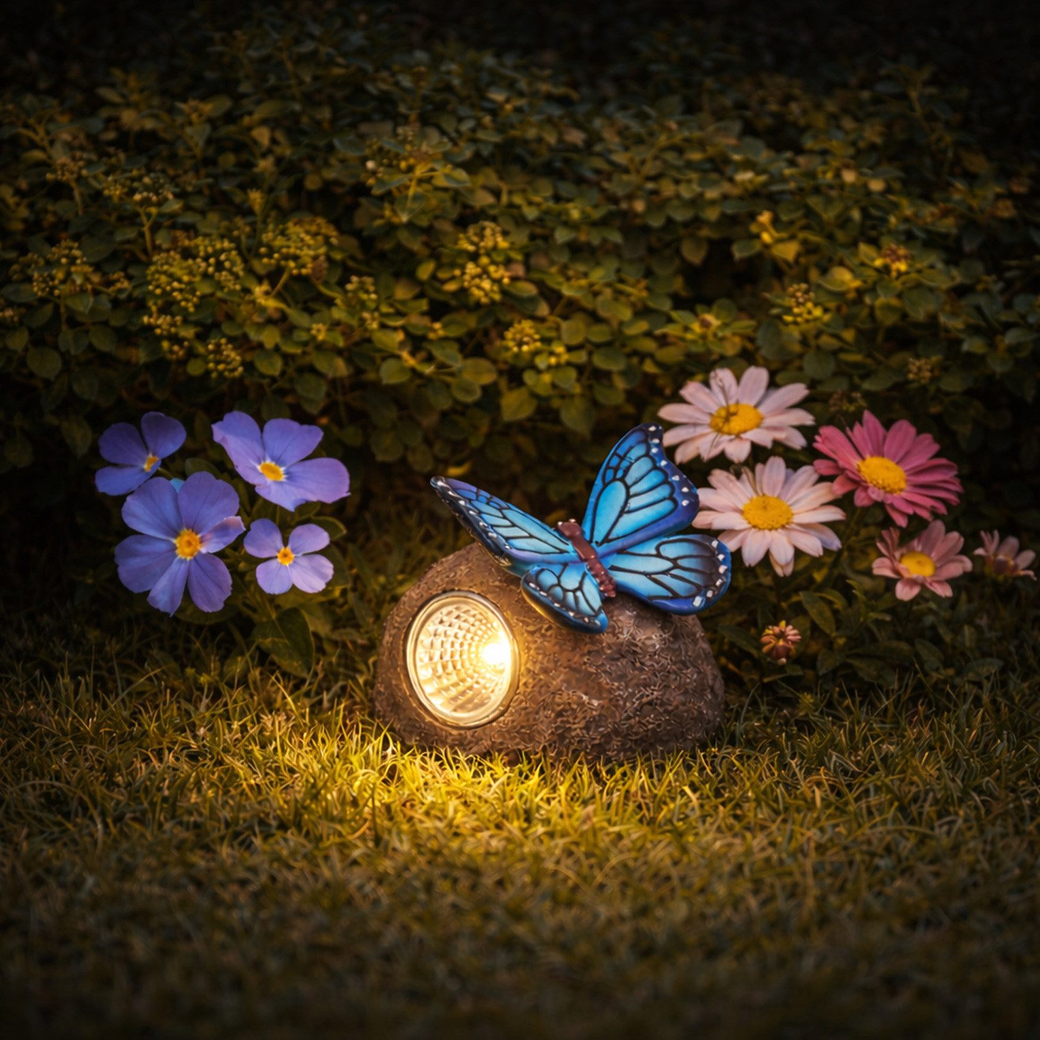 MARELIDA LED Solarleuchte LED Solar Stein mit blauem Schmetterling Gartenfigur Gartendeko H:9cm, LED Classic, warmweiß (2100K bis 3000K)