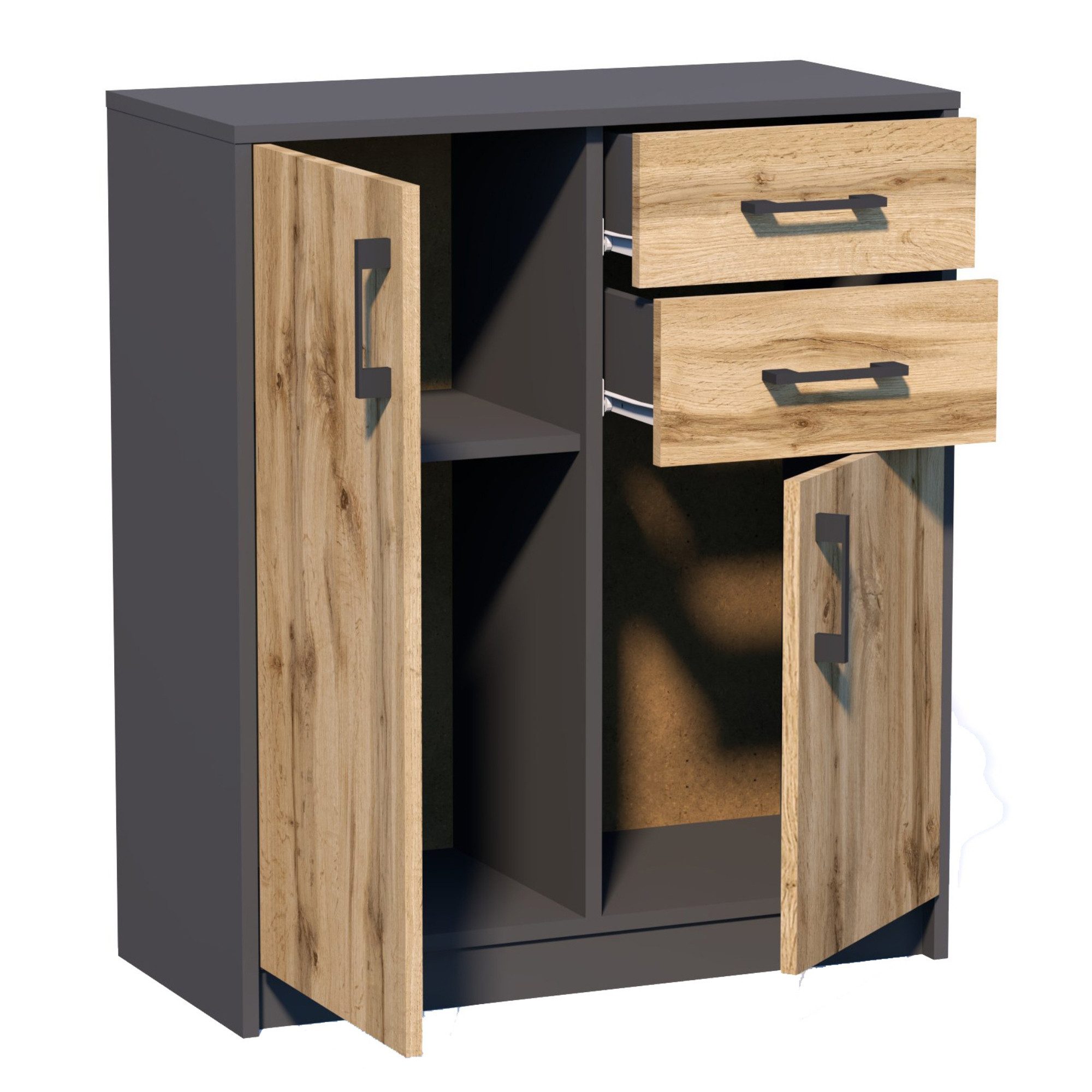Home Collective Kommode mit 2 Schubladen und 2 Türen in matter Ausführung, Kommode 74cm breit (Hergestellt aus laminiertem Holz, Metallrollen mit Auszugssperre), Holz Schrank Sideboard Highboard Kommode mit Schubladen Graphit-Eiche