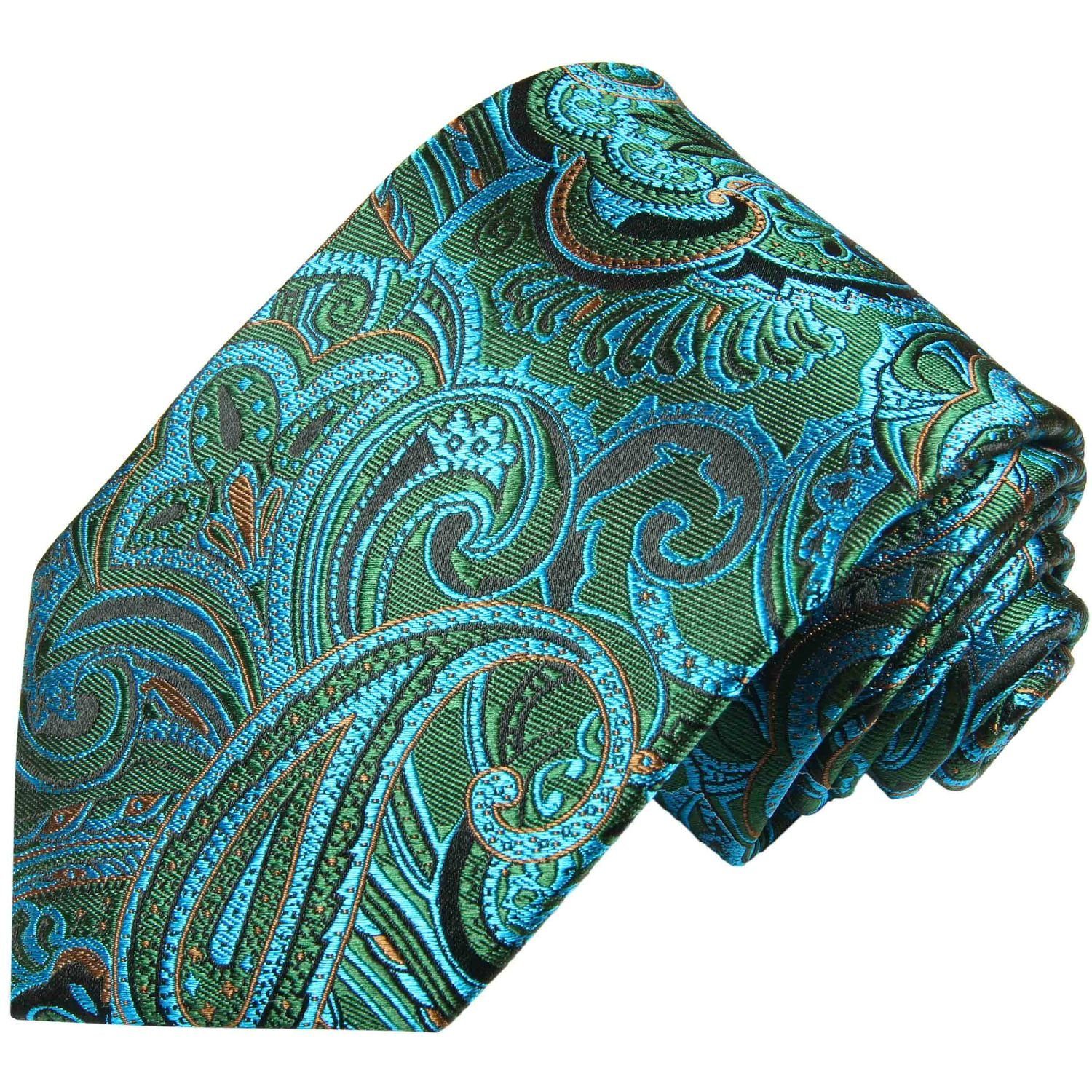 Paul Malone Krawatte Elegante Seidenkrawatte Herren Schlips paisley brokat 100% Seide Breit (8cm), blau grün türkis 2008