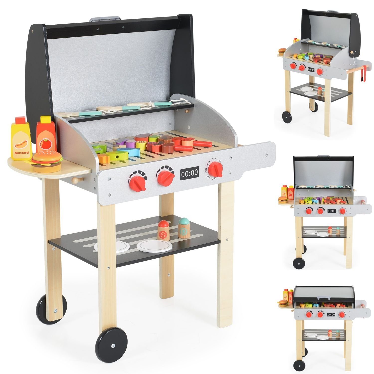 Tooky Toy Kinder-Grill Kindergrill Holz TK808 BBQ-Set, Spiellebensmittel Grillbesteck Soßen