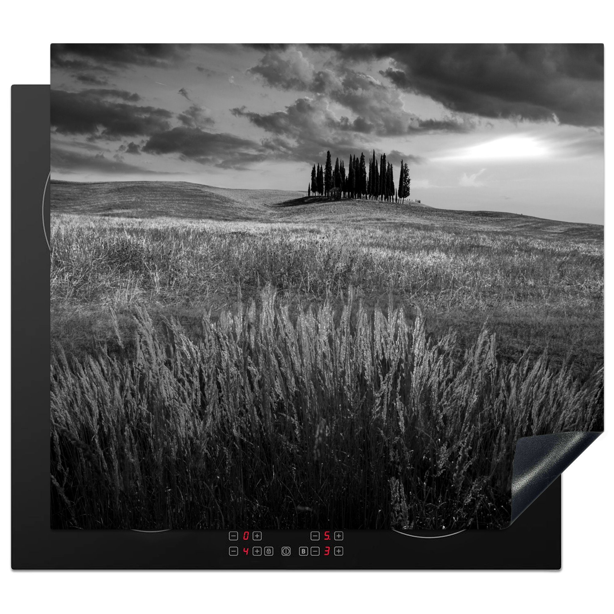 MuchoWow Herdblende-/Abdeckplatte Sonnenuntergang über der italienischen Landschaft in der Toskana -, Vinyl, (1 tlg), 59x52 cm, Ceranfeldabdeckung für die küche, Induktionsmatte