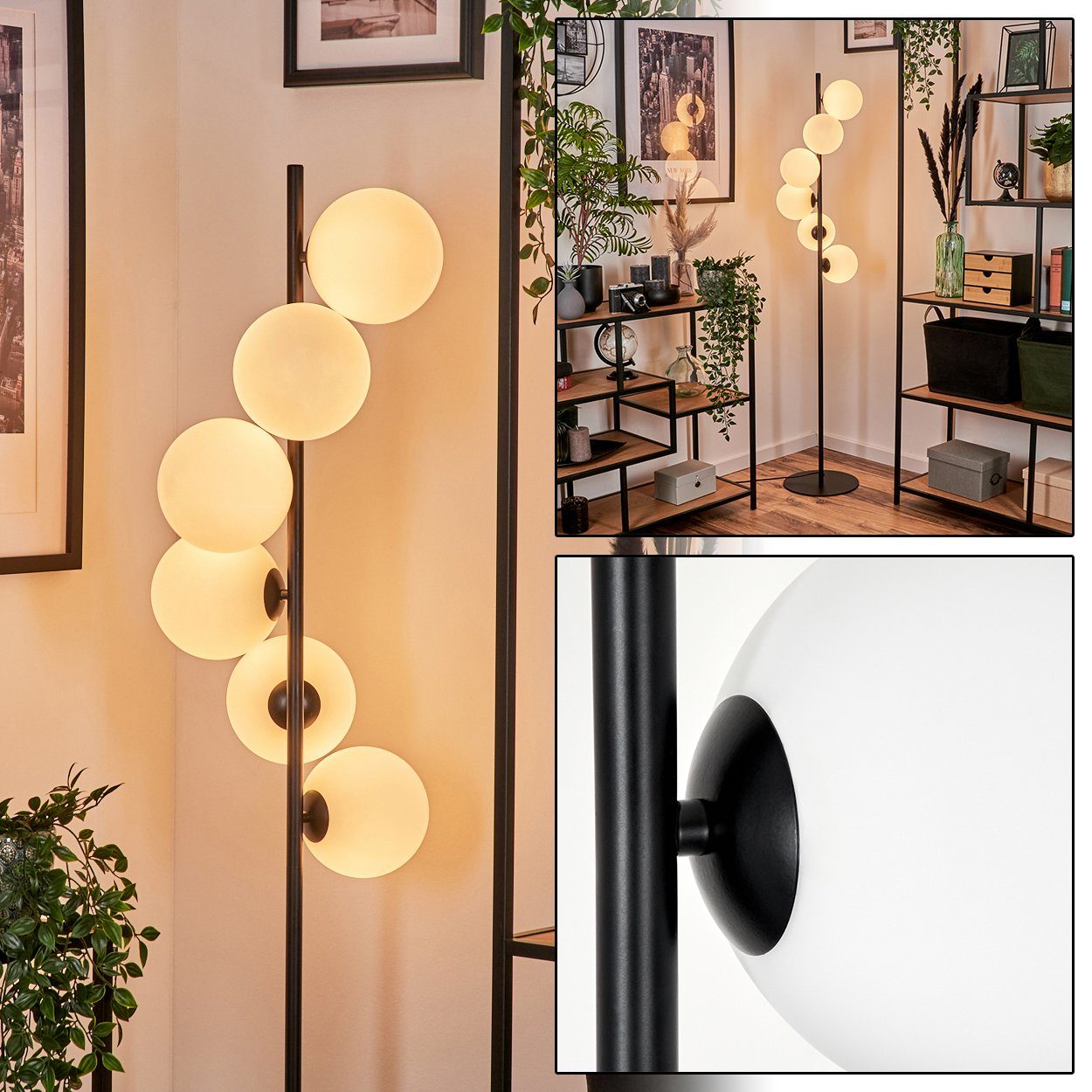 hofstein Stehlampe Stehlampe aus Metall/Glas in Schwarz/Weiß, ohne Leuchtmittel, Leuchte mit Glasschirmen (15cm),Fußschalter, 6xG9, ohne Leuchtmittel