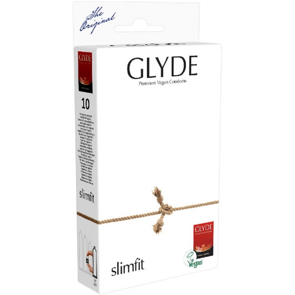 Glyde Kondome Glyde Ultra «Slimfit» schmale vegane Kondome Packung mit, 10 St., Zertifiziert mit der Veganblume, Gefühlsecht & Reißfest