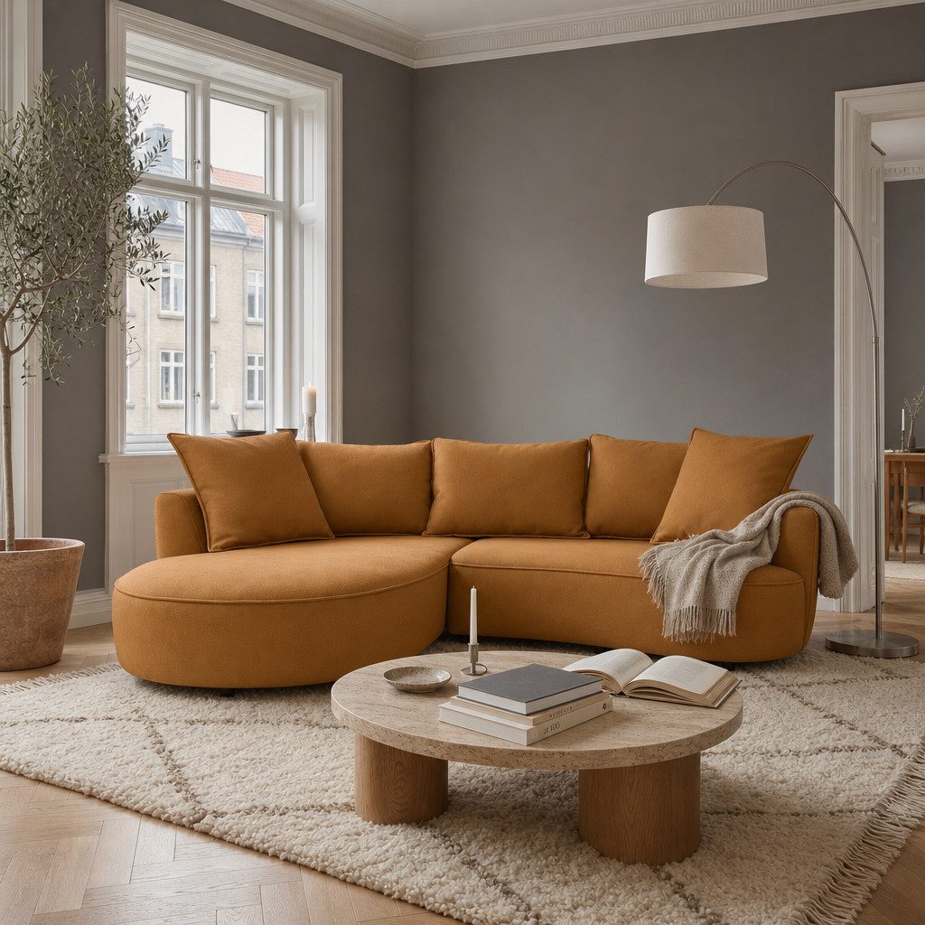 foamnova Ecksofa Mantua, 3-Sitzer mit Recamiere, organische Form, Breite 260 cm, Organische, fließende Form, echt bezogener Rücken