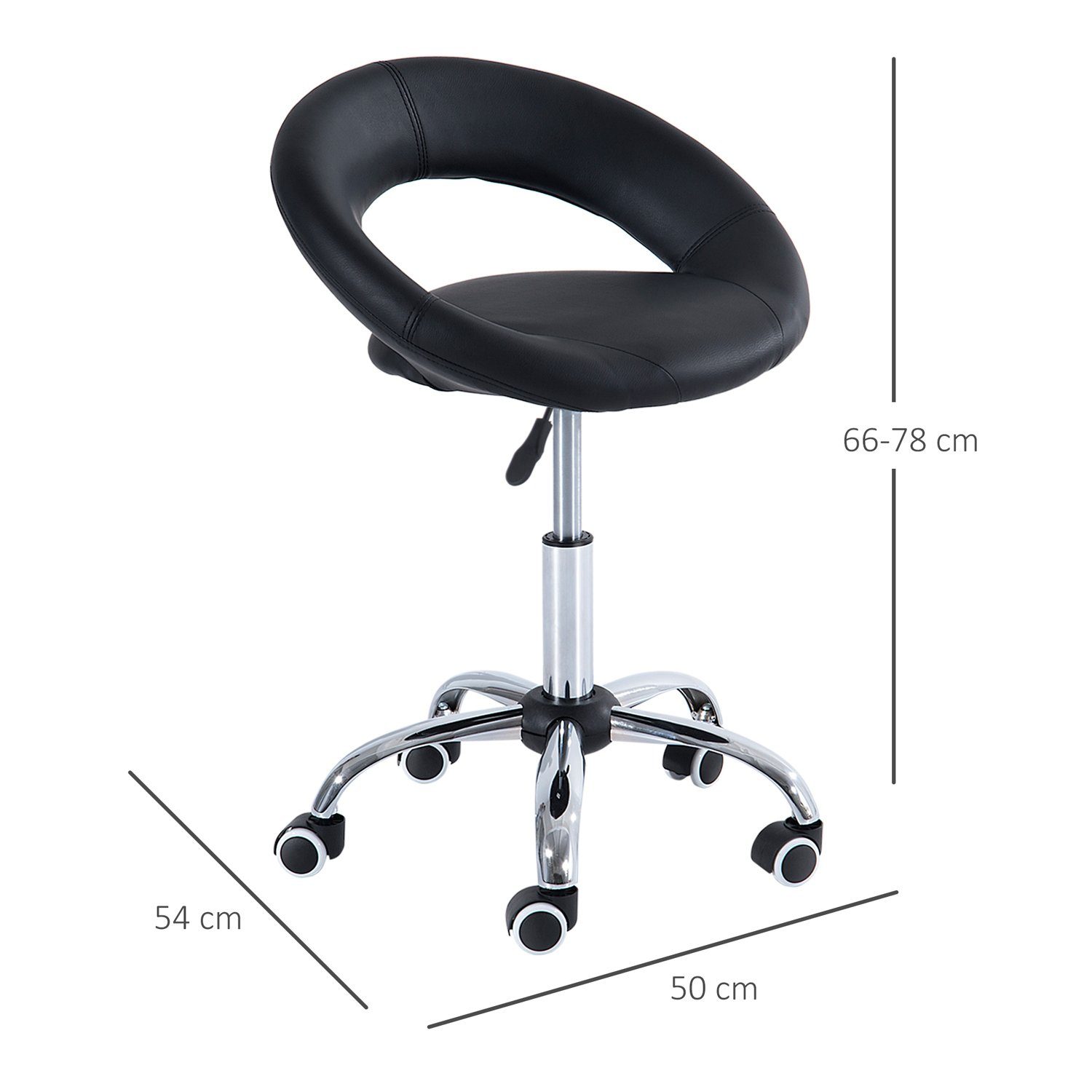 HOMCOM Rollsitz höhenverstellbarer Bürostuhl mit Rollen (Drehhocker, 1 St., Arbeitshocker), PU+Metall, Schwarz, 50 x 54 x 66-78 cm