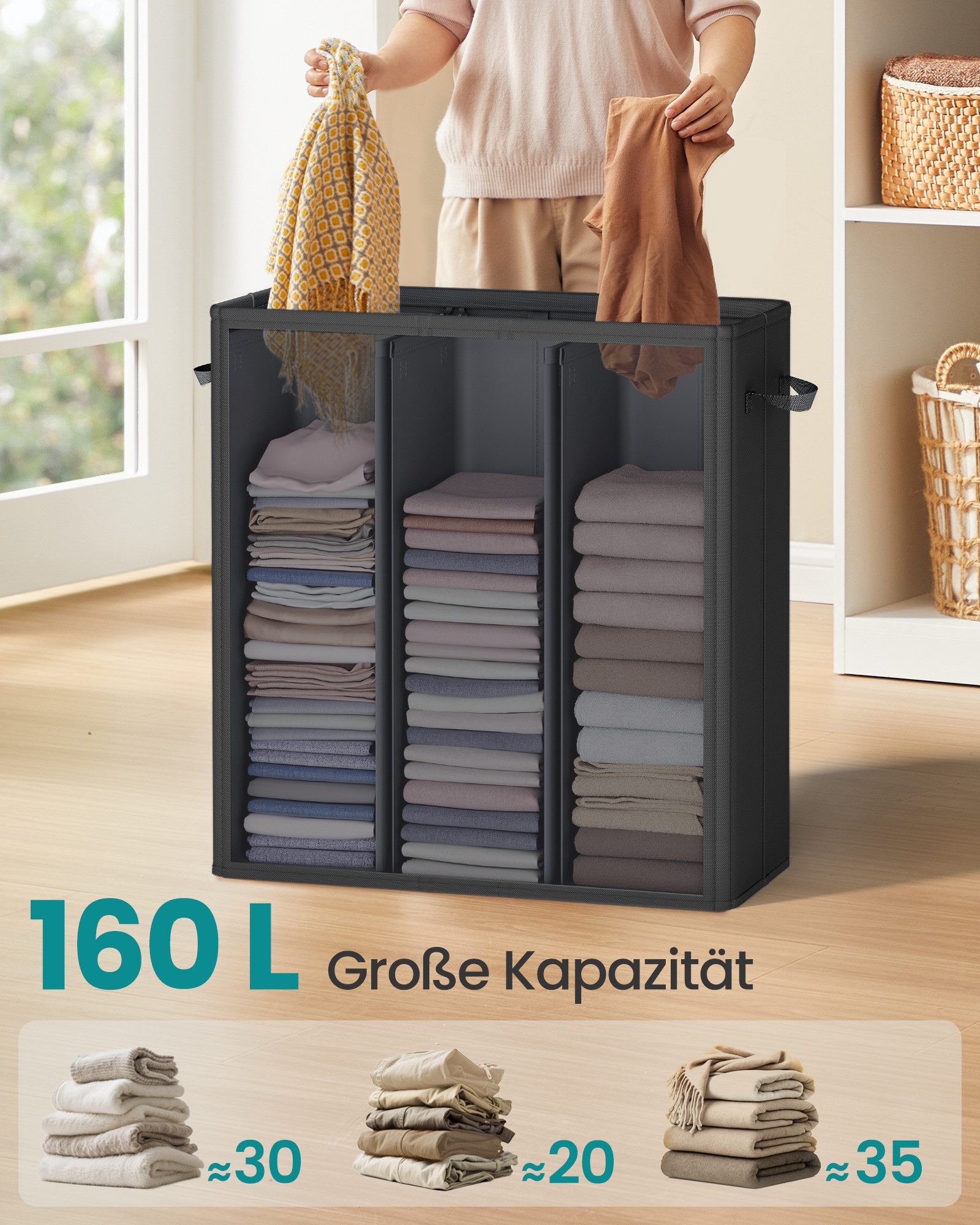 SONGMICS Wäschekorb herausnehmbarer und waschbarer Innensack, Waschküche Schlafzimmer, mit 3 Fächern, 160 L, mit Deckel, 5 Etiketten, 64 x 33 x 75 cm