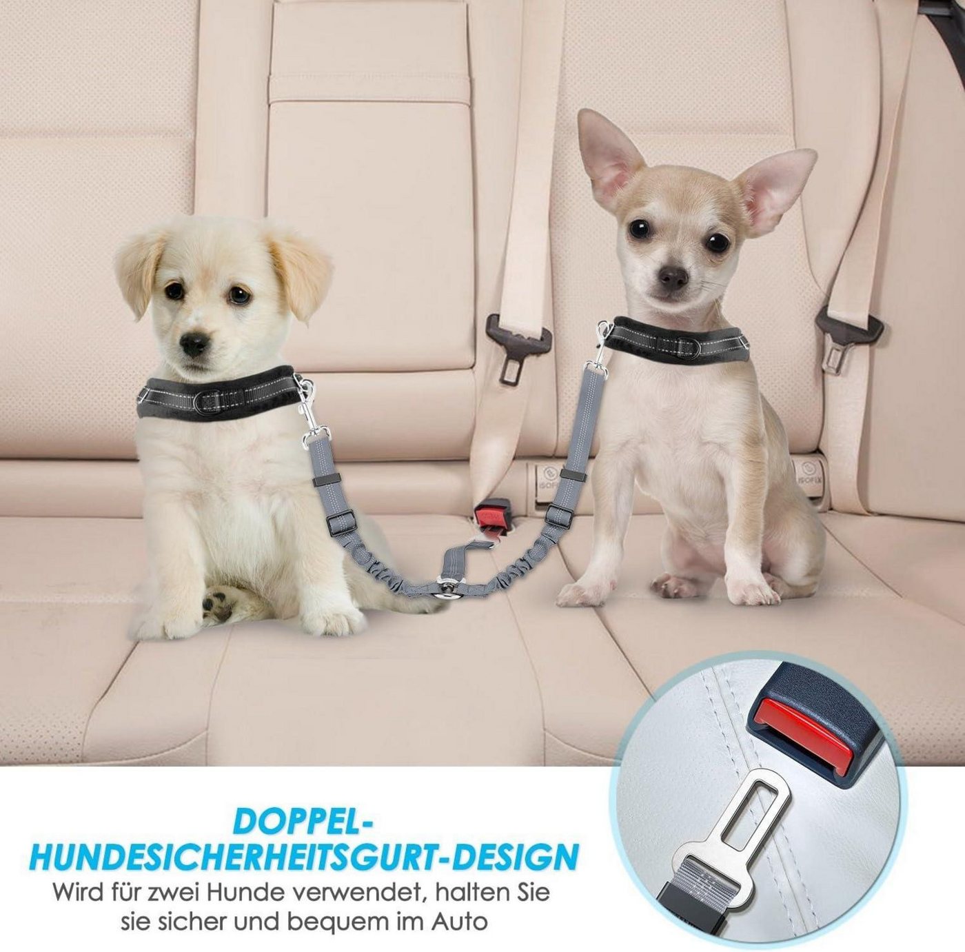 Thumbnail - SlowTon Hunde-Halsband Anschnallgurt Hund Auto verhedderungsfrei elastisch reflektierend Grau
