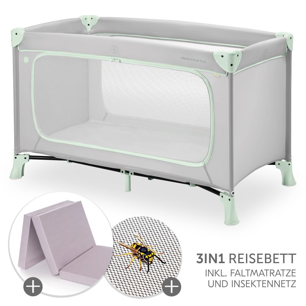 Hauck Baby-Reisebett Dream N Play Plus Set - Dusty Mint, Kinder Babyreisebett mit großem Eingang, Matratze, Moskitonetz faltbar