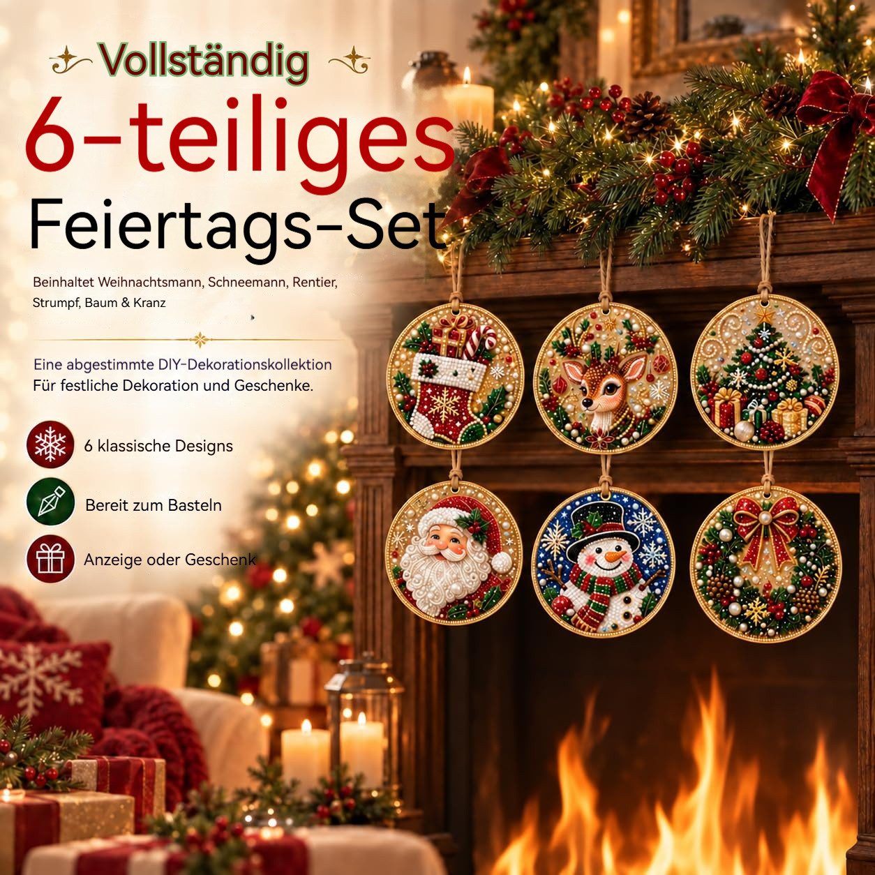 Bomiclss Christbaumschmuck 6-teiliges Weihnachtsbaumschmuck-Set–DIY Perlen-Diamantmalerei (6-tlg), Bastelsets für Erwachsene Perlen-Bastelsets – Bild 2 von 5