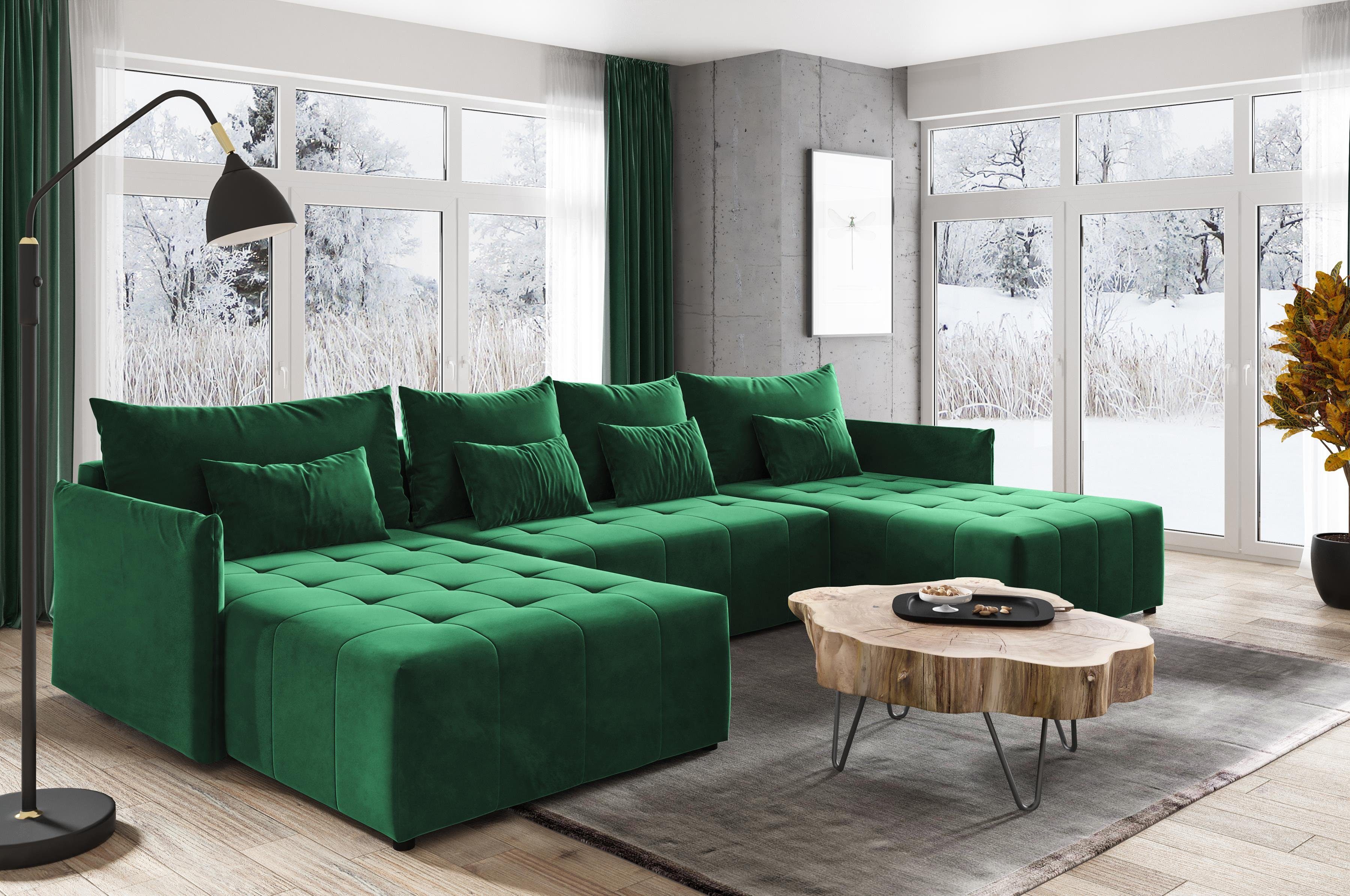 Compleo Ecksofa Ecksofa mit Schlaffunktion aus Velourstoff NAPOLI U-Form, Sofa grün