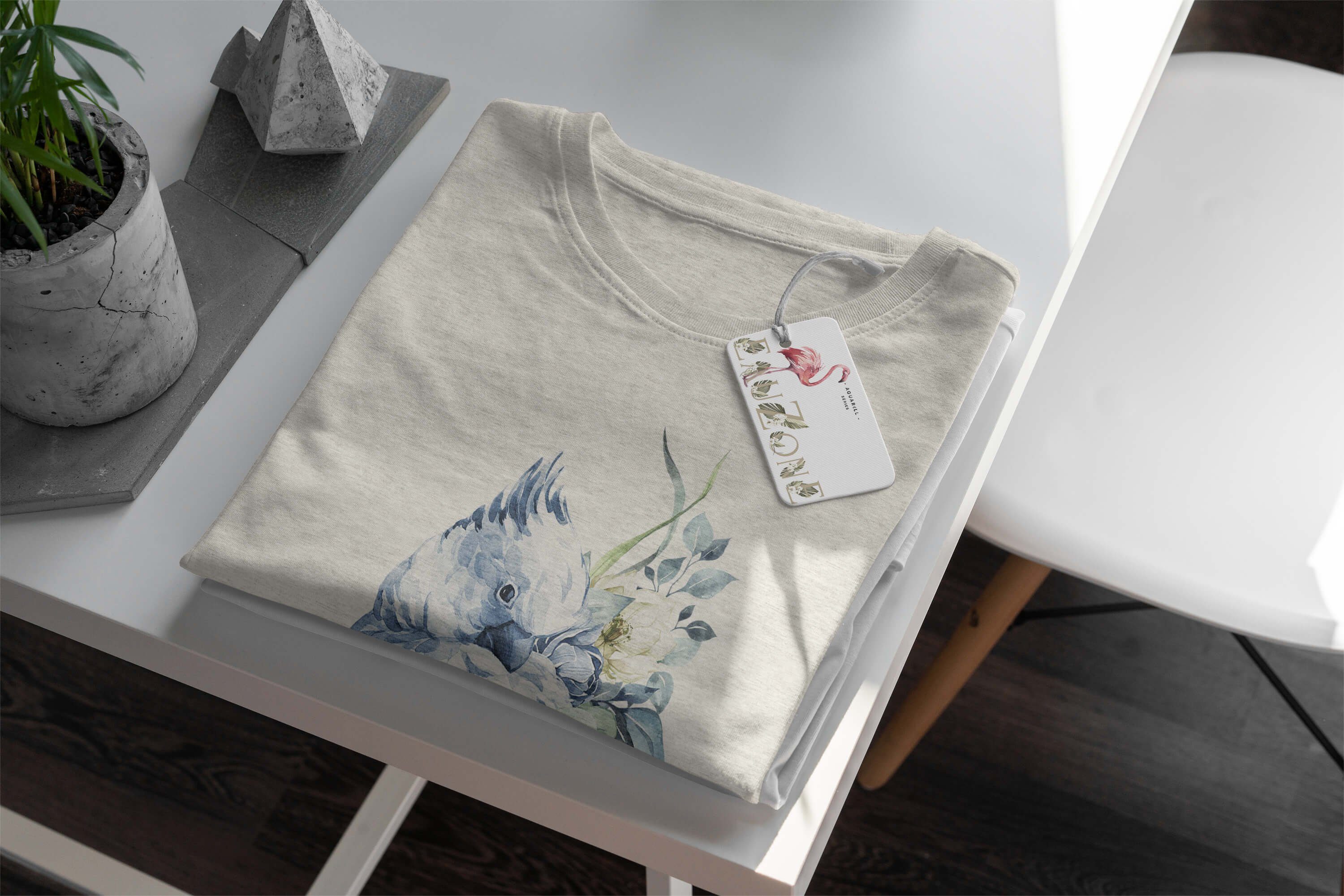 Sinus Art T-Shirt Bio-Baumwolle Blumen Shirt Motiv Papagei Farbe Herren Nachhaltig Organic Aquarell (1-tlg) T-Shirt Ökomode