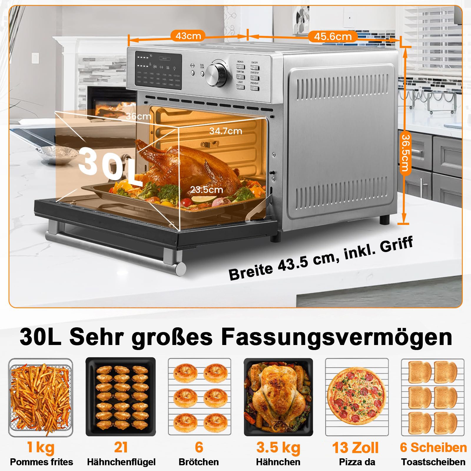 Azmsary Minibackofen Heißluftfritteuse 30L Edelstahl, Multifunktionsofen, Airfryer 1800 W, XXL Dual Cook mit umluft, 7 Zubehör, 21 in 1 mit Timer