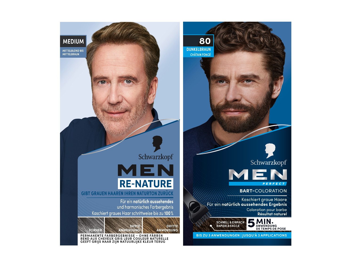 Schwarzkopf Bartfarbe Men Perfect Braun 30 ml & Men Re-Nature Haarfarbe Medium 145 ml, Haar & Bart Doppelpack, 2-tlg., für schnelles Kaschieren grauer Haare