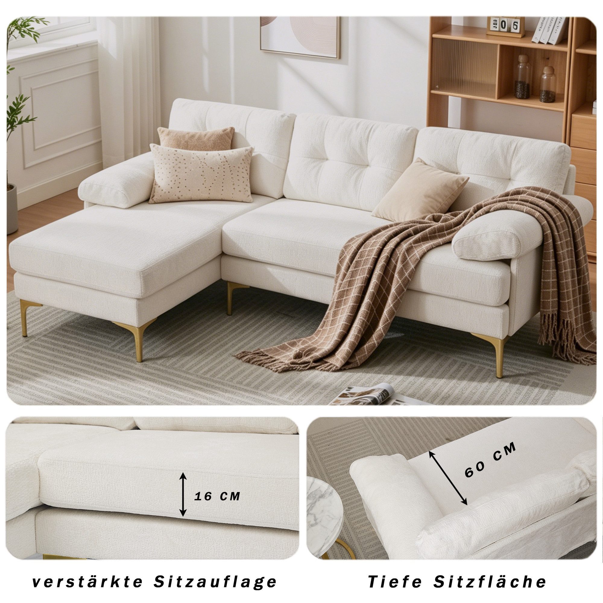 ibettertec Big-Sofa L-förmiges Sofa 187,5 cm mit Liegefunktion – Chenille-Stoff, 3 Sitzkissen, gepolsterte Armlehnen, verstellbarer Lounger