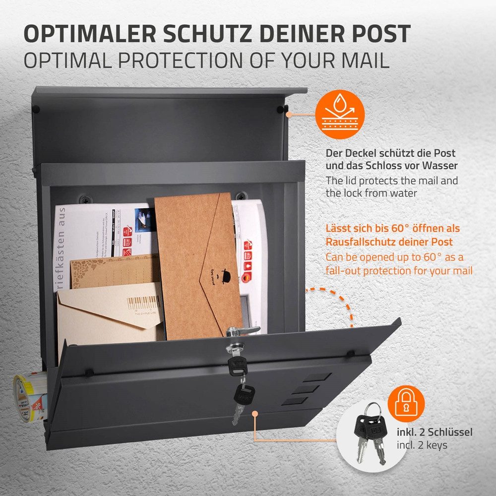 ML-DESIGN Briefkasten Wandbriefkasten Postkasten Design Briefkastenanlage Postbox Mailbox, Standbriefkasten mit Zeitungsfach Schloss und 2 Schlüssel aus Stahl – Bild 3 von 5