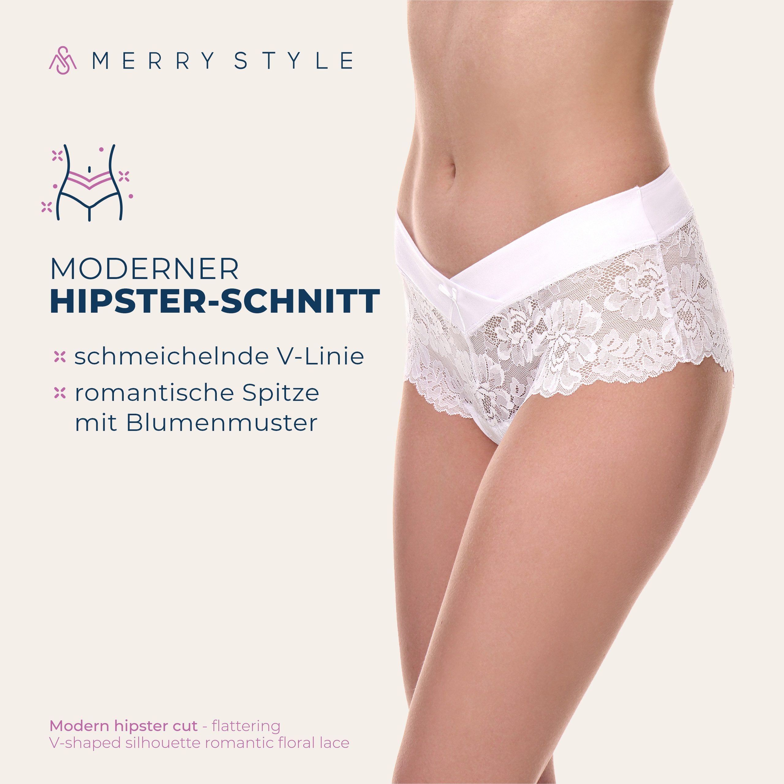Merry Style Lange Unterhose Damen Unterhose Hipster Hot Pants mit Spitzenbesatz MSGAB155 (1-St) – Bild 3 von 5