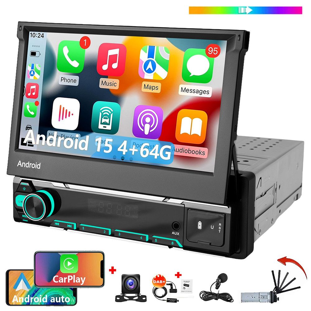 ESSGOO DAB+ 4+64G 1DIN 7'' Flip Out Android 15 Carplay Autoradio GPS WIFI FM Autoradio (Digitalradio (DAB), 4+64GB(optional), RDS, AM, FM, Carplay Android Auto Bluetooth EQ USB GPS Navi WIFI Touchscreen)