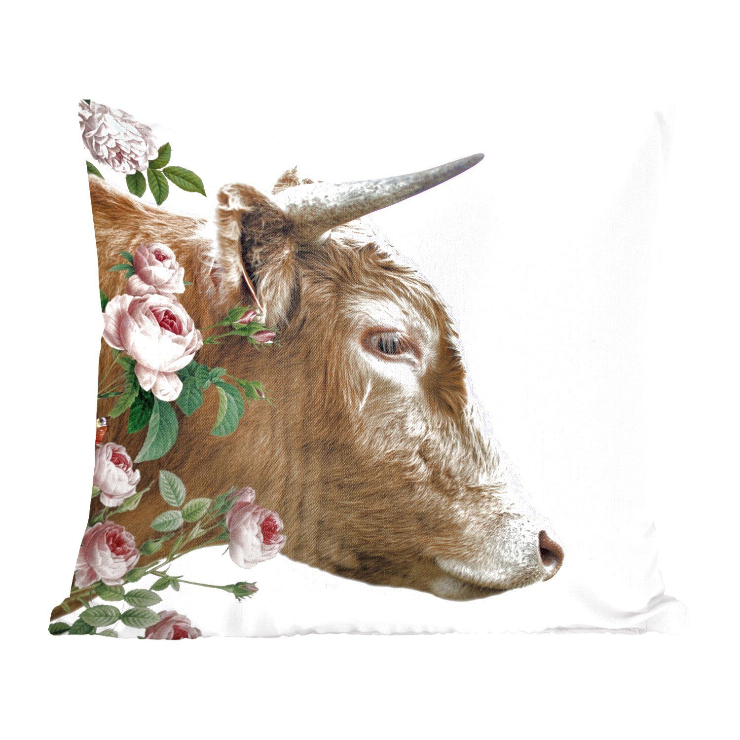 MuchoWow Dekokissen Schottischer Highlander - Schottische Kuh - Blumen, Zierkissen mit Füllung für Wohzimmer, Schlafzimmer, Deko, Sofakissen | Dekokissen