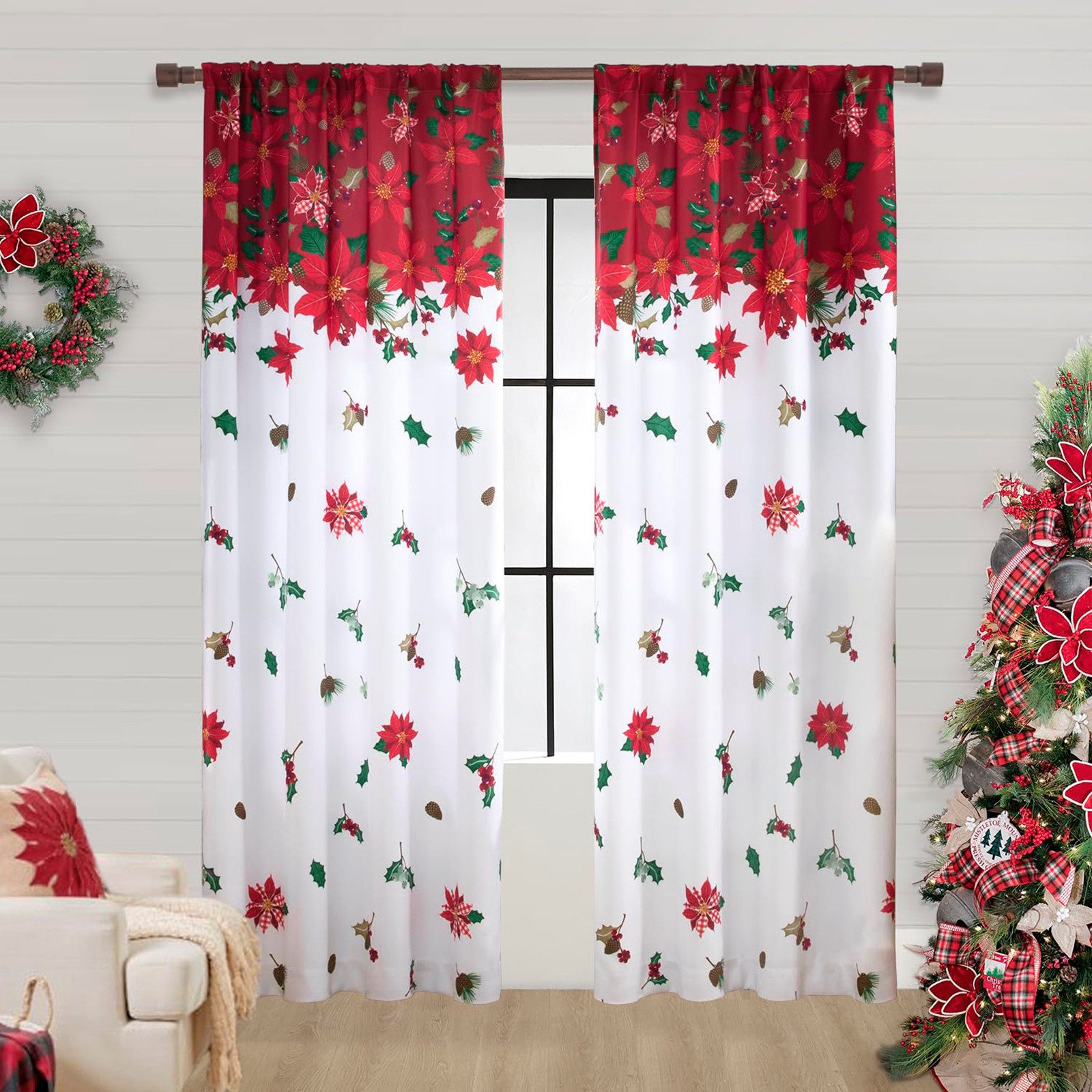 Jibenhome Vorhang Weihnachtsvorhang 2-teilig Stangentasche Obere-Untere