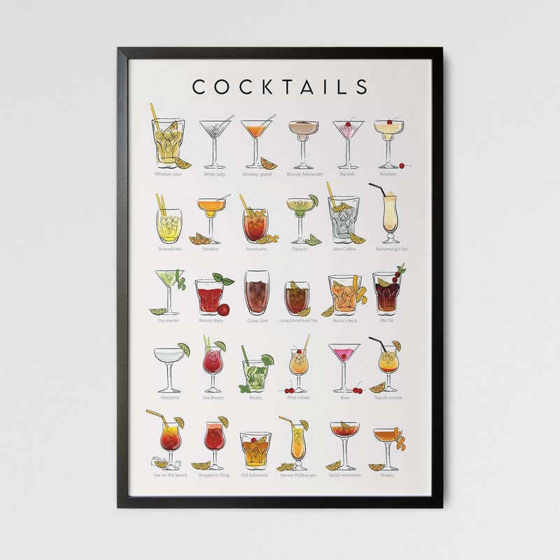 Likarto Poster Cocktailkarte Poster, 30 klassische Longdrinks und Shortdrinks, Cocktail Menü, Deko für die Küche, Geschenk zum Einzug