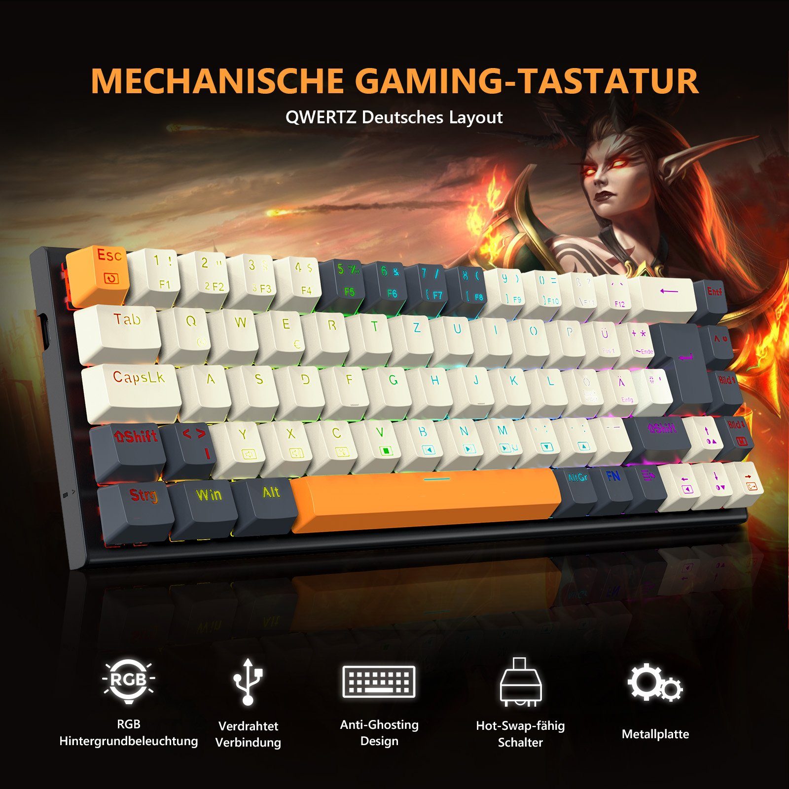 Redragon K633CGO RGB Mechanische Tastatur mit Hot-Swap-fähigen roten Schaltern Gaming-Tastatur (QWERTZ deutsches Layout mit 68 Tasten)
