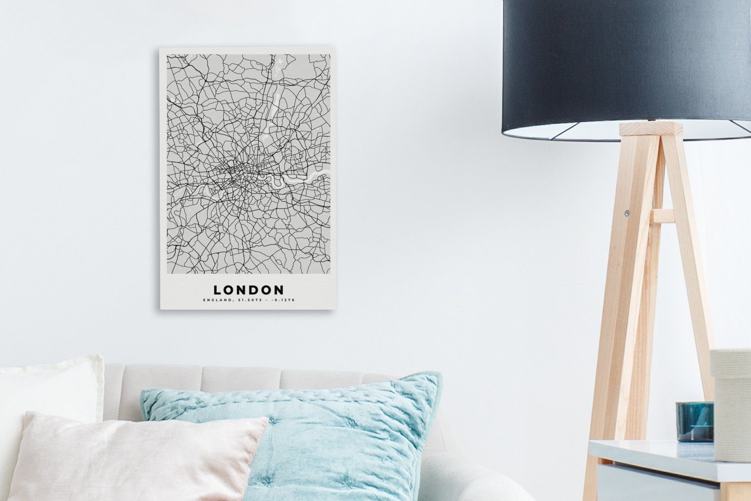 OneMillionCanvasses® Leinwandbild London St), Weiß fertig Stadtplan inkl. - 20x30 Gemälde, und (1 Schwarz Leinwandbild Karte, - - Zackenaufhänger, cm bespannt