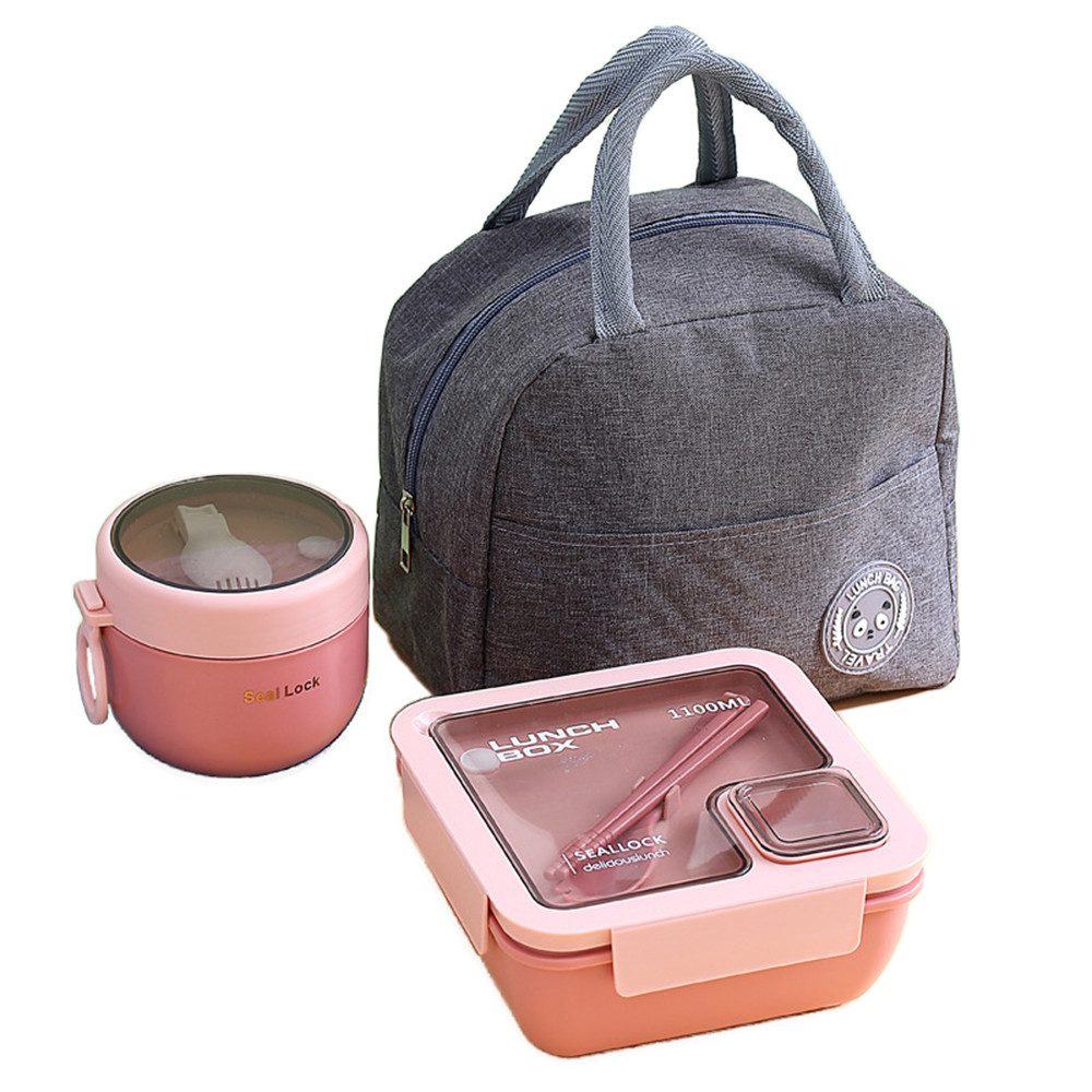 Auledio Lunchbox 1100ml Bento-Box 1100ml Komplettset, Spülmaschinenfest + Isoliertasche, Kunststoff, (Isolierbeutel, Besteck, Suppentasse, Lunchbox mit Fächern), 1100 ml, auslaufsicher, BPA‑frei, kompakt & vielseitig.