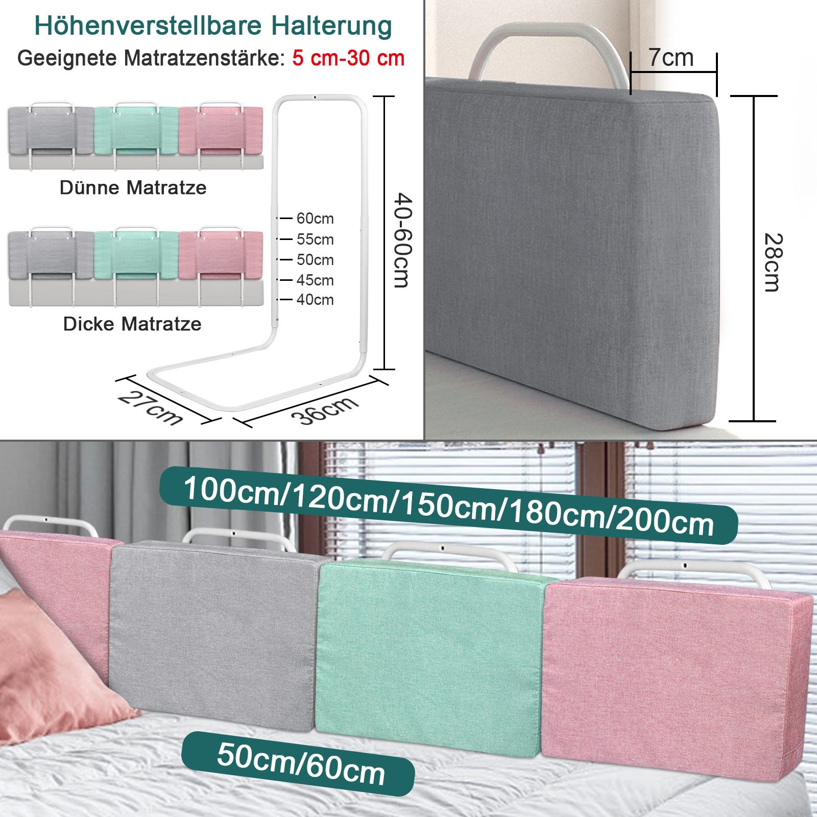 FIVMEN Bettschutzgitter Bettgitter 40-60cm Höhenverstellbar Bettschutzgitter, Absturzsicheres Bettgitter, Leinengrau/Seegrün/Kirschrosa – Bild 2 von 5