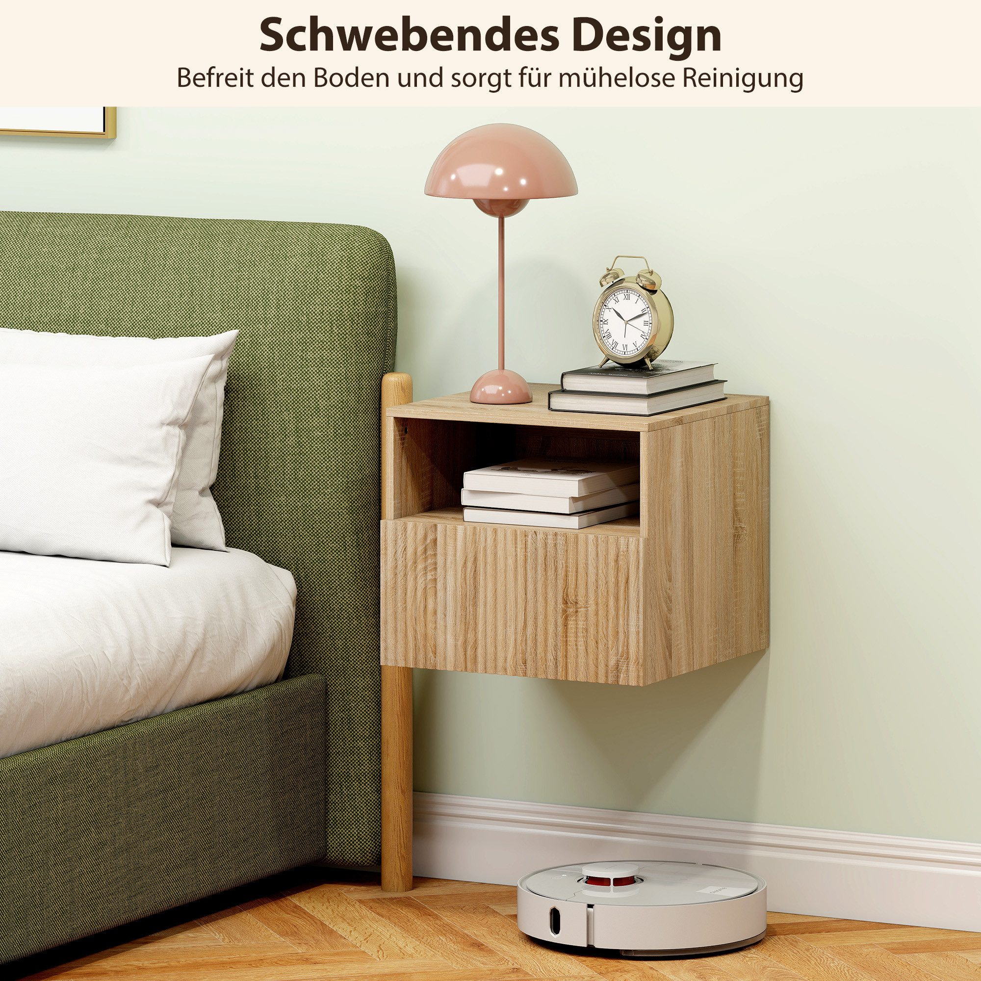HOMCOM Nachttisch Hängend Beistelltisch mit Schublade, offenes Fach, Sofatisch (Nachtschrank, 1-St., Nachtkommode), für Schlafzimmer, Wohnzimmer, Naturholz – Bild 5 von 5
