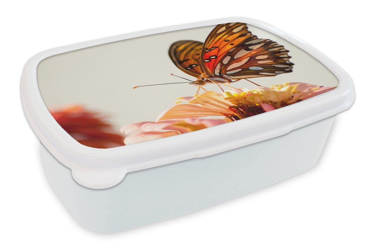 MuchoWow Lunchbox Schmetterling - Orange - Blume - Insekten, Kunststoff, (2-tlg), Brotbox für Kinder und Erwachsene, Brotdose, für Jungs und Mädchen weiß
