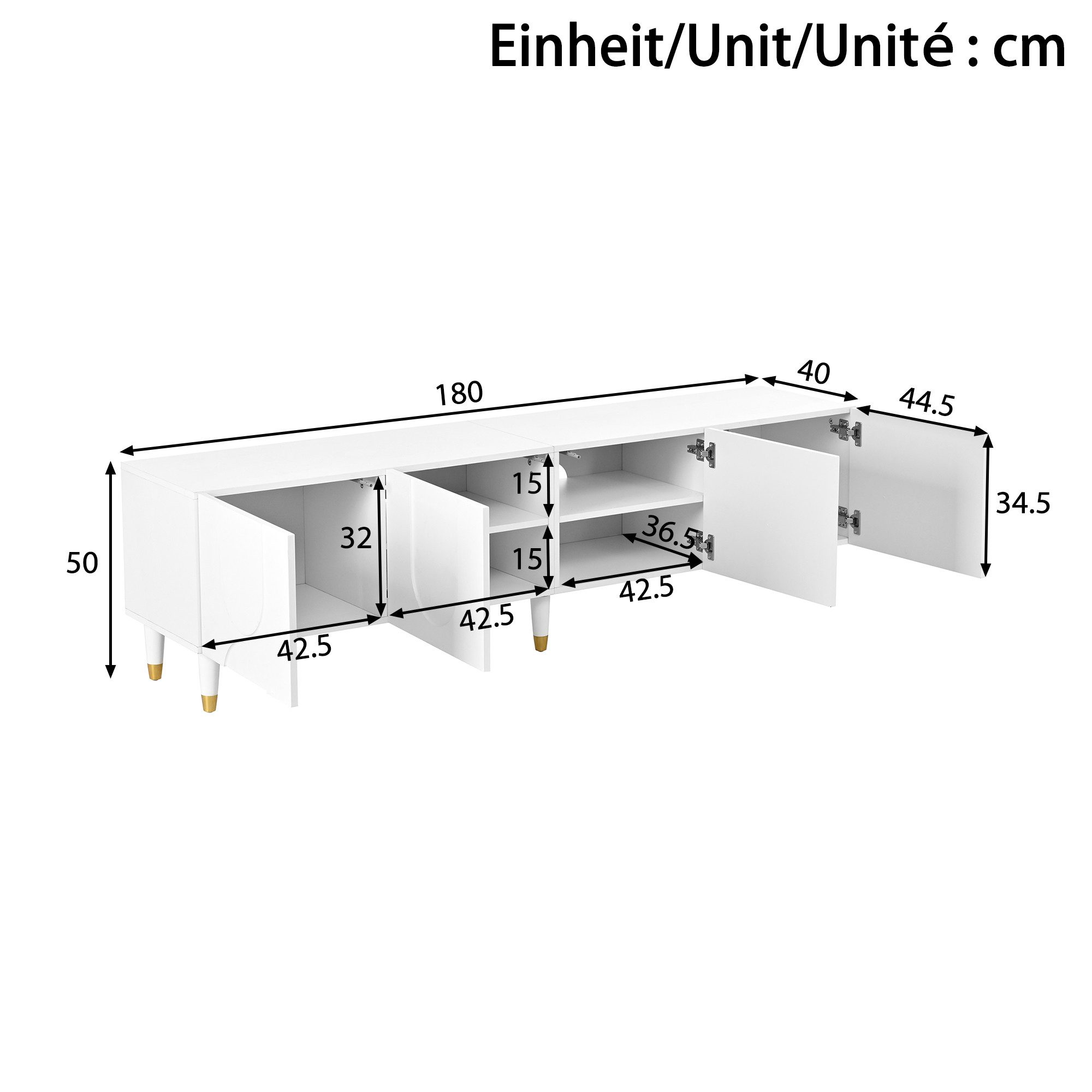 Merax Lowboard mit asymmetrischem Bogenrelief (180 x 40 x 50 cm, 1 St), TV-Schrank mit 4 Türen, Mehrfachstauraum & Massivholzbeine – Bild 4 von 5